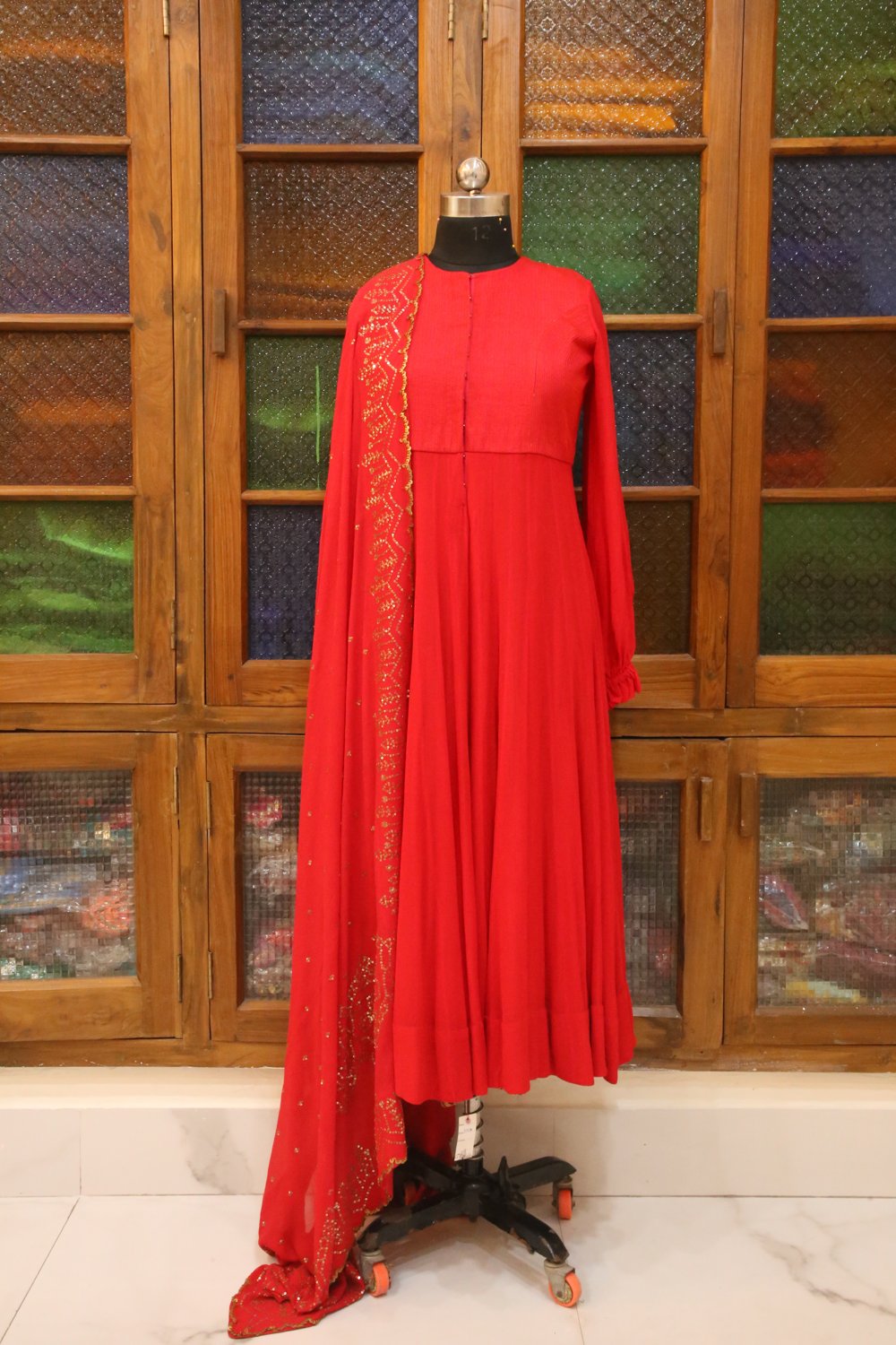 Scarlet Draped Anarkali Gown - view 3