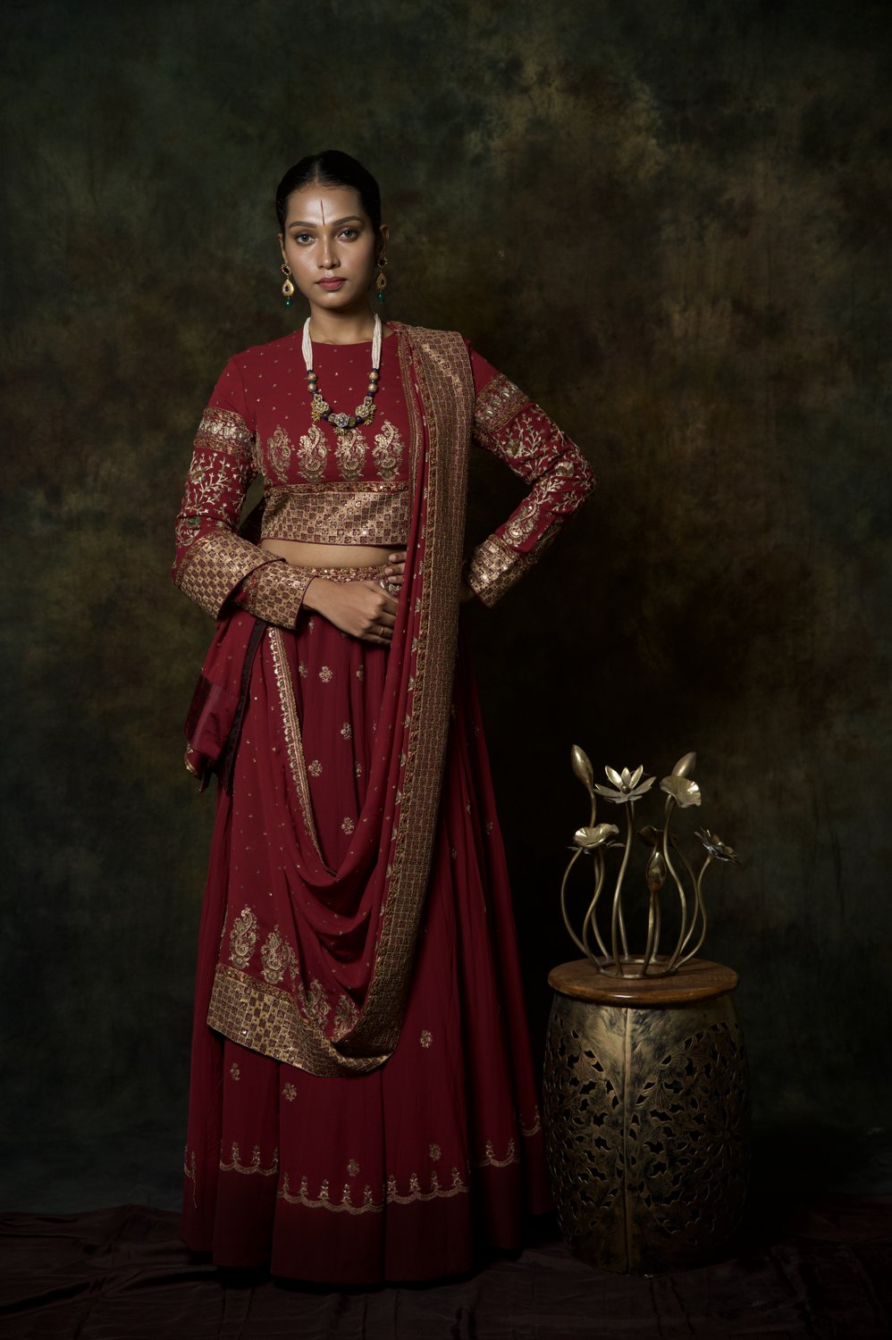 Maroon Zari Ek Taar Lehenga - view 3