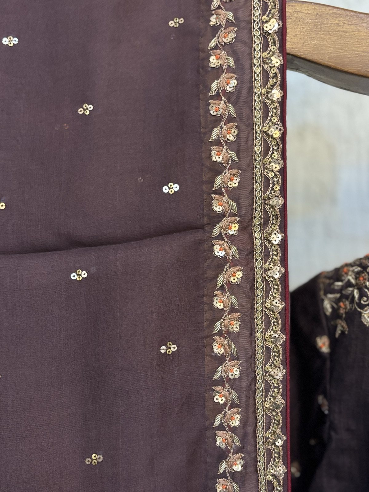 Chocolate Brown Silk Saree with Zardozi Blouse - view 5