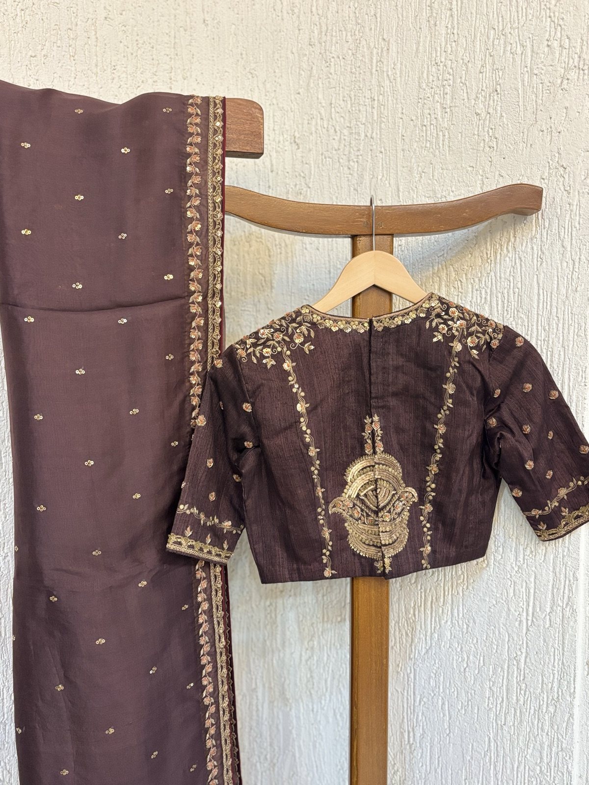 Chocolate Brown Silk Saree with Zardozi Blouse - view 6
