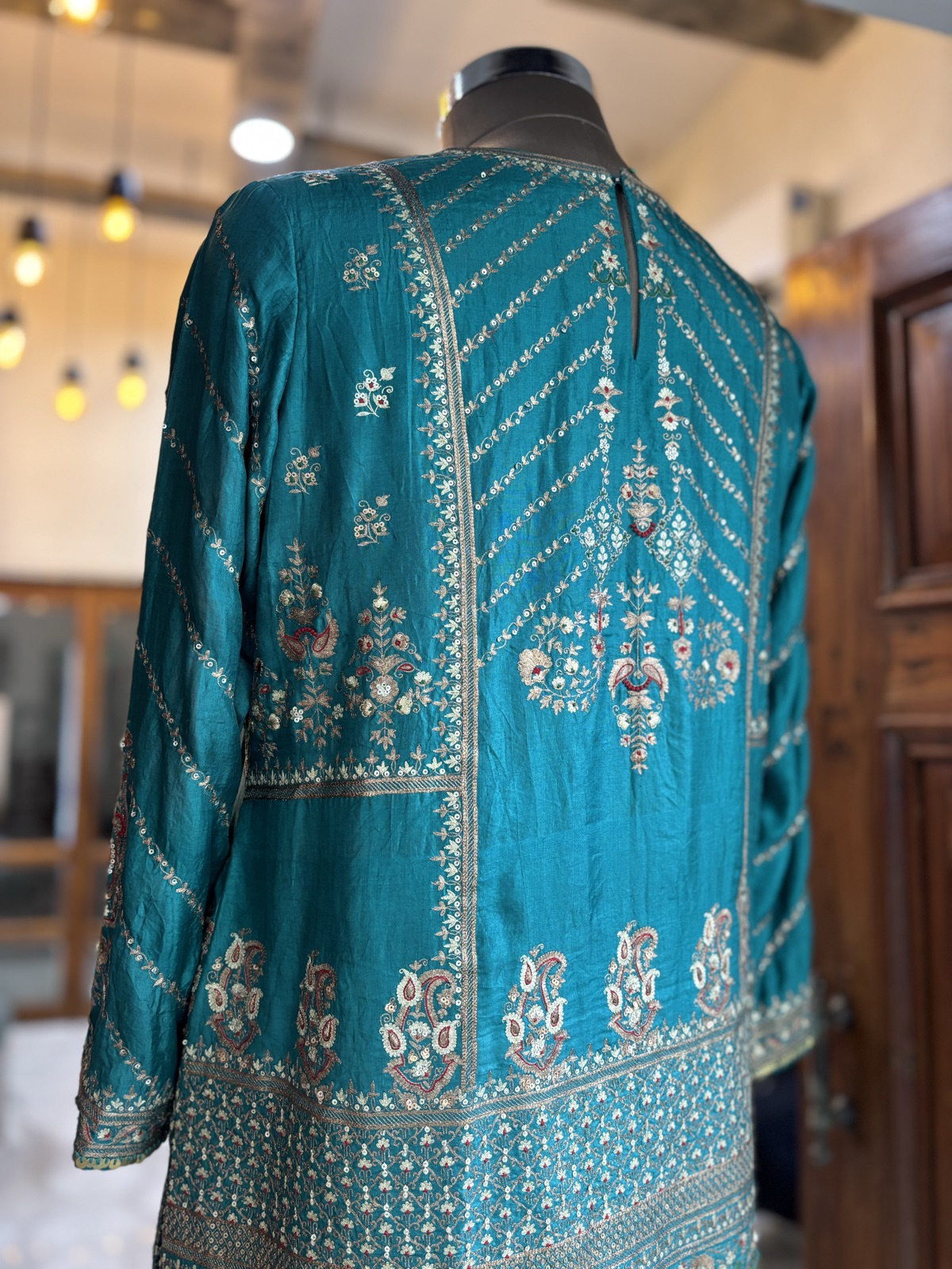 Peacock Teal Zari Kurta Lehenga Set - view 3
