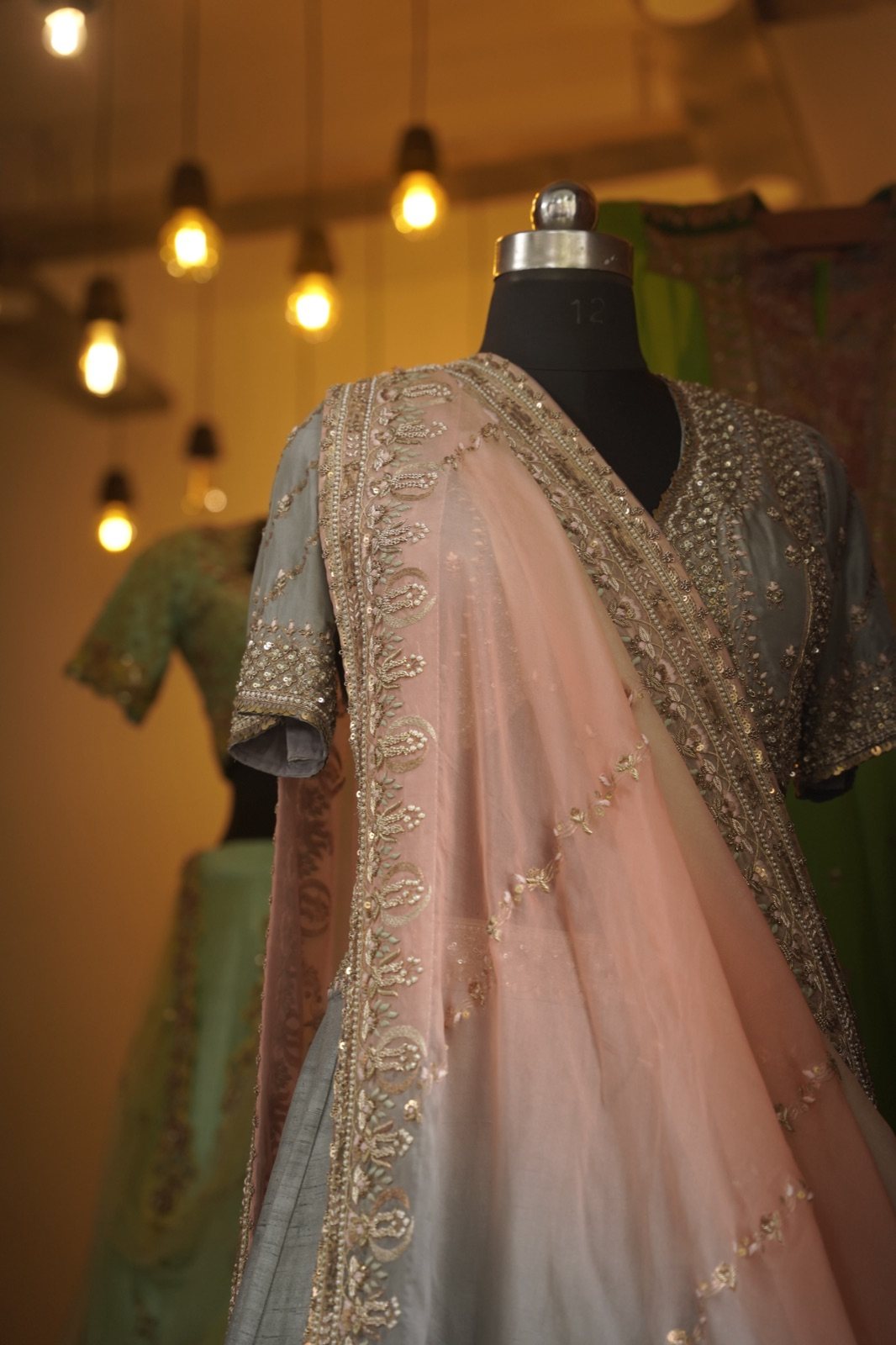 Dove Grey Lehenga with Peach Embroidered Dupatta - view 3