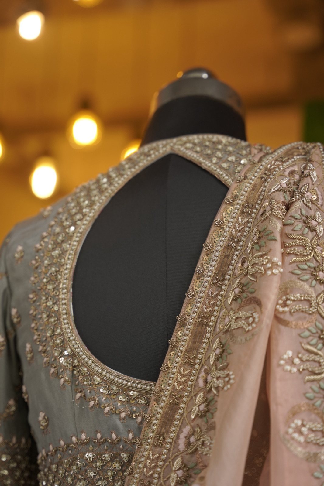 Dove Grey Lehenga with Peach Embroidered Dupatta - view 5