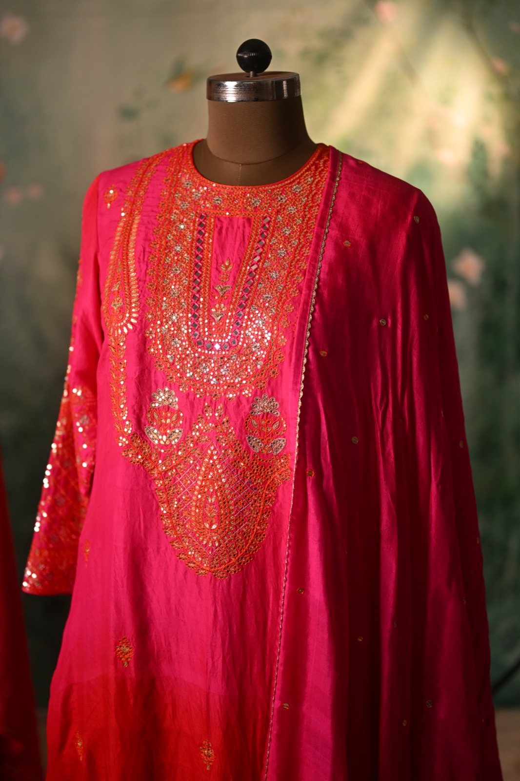 Fuchsia Ombré Kurta Set with Zardozi Neckline