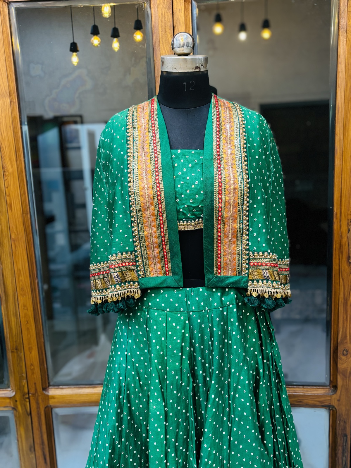 Emerald Bandhani Ghagra with Embroidered Jacket