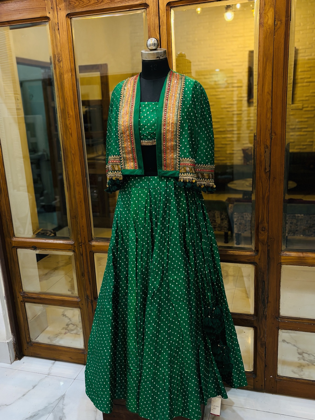 Emerald Bandhani Ghagra with Embroidered Jacket - view 3