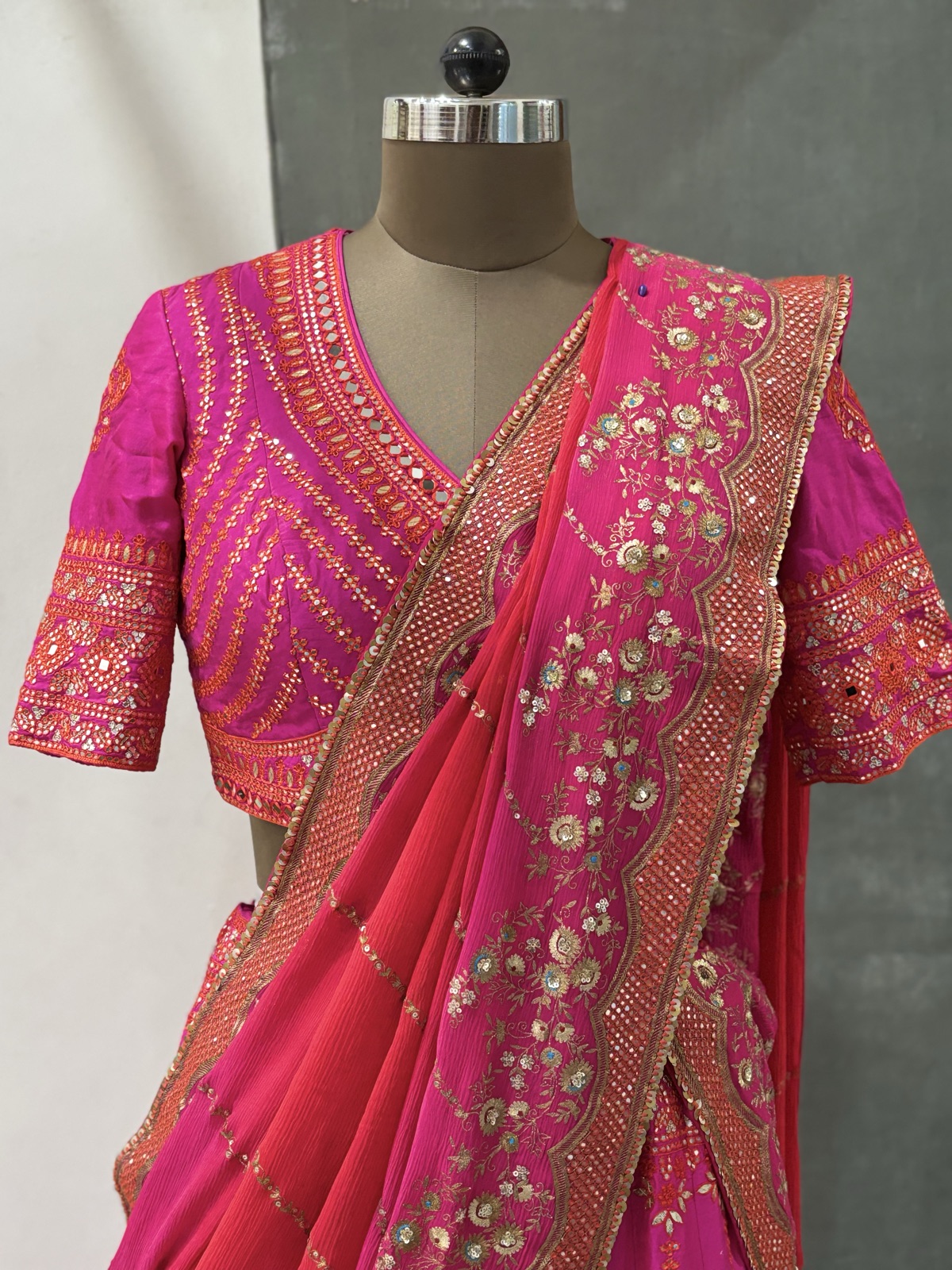Hot Pink Mirror-Work Lehenga with Drape Dupatta