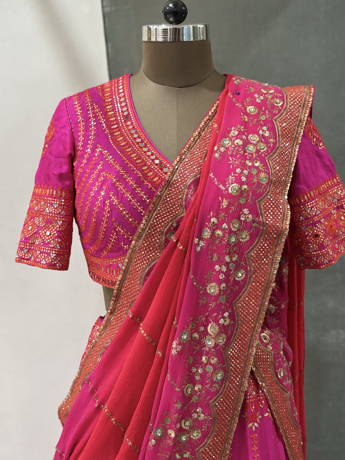 Hot Pink Mirror-Work Lehenga with Drape Dupatta