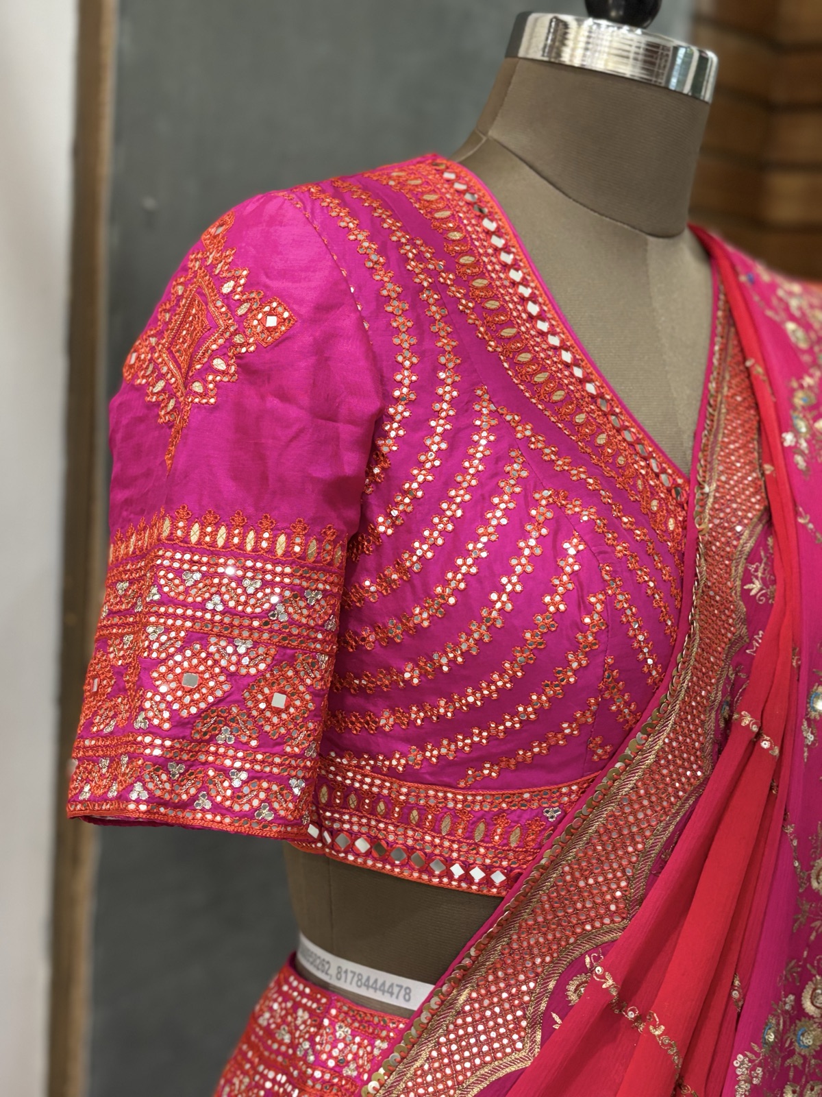 Hot Pink Mirror-Work Lehenga with Drape Dupatta - view 3