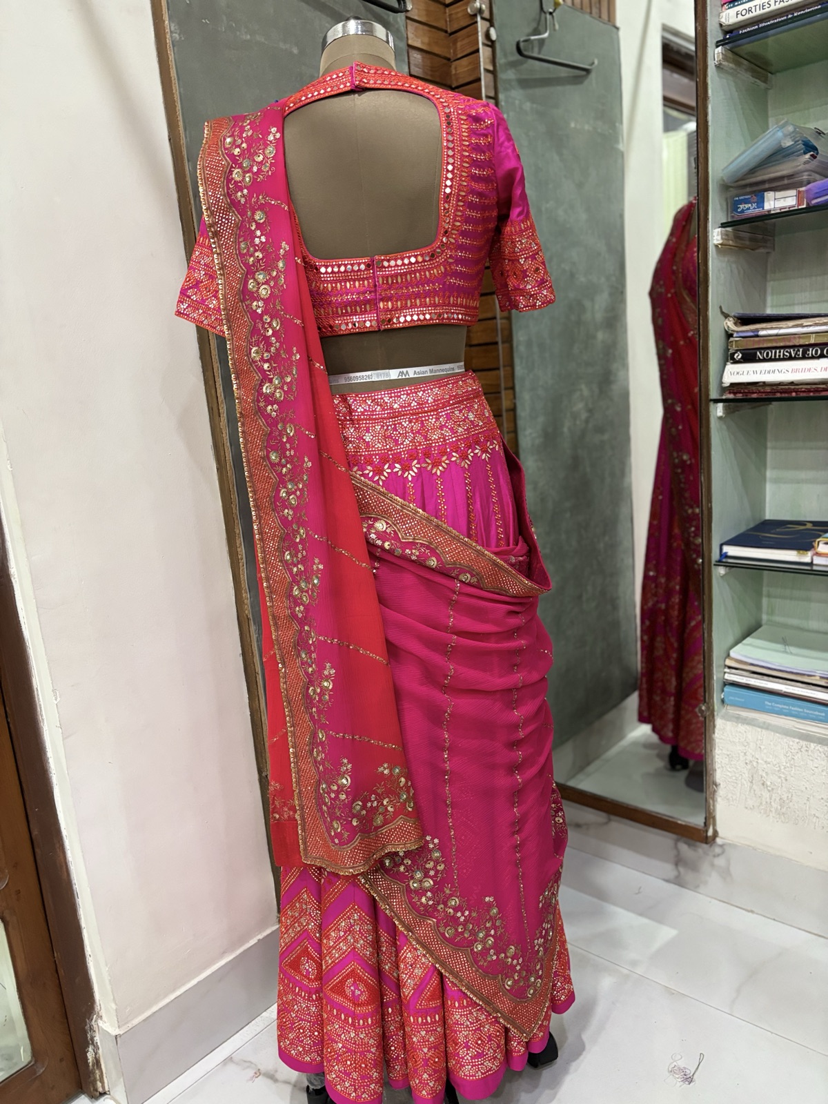 Hot Pink Mirror-Work Lehenga with Drape Dupatta - view 6