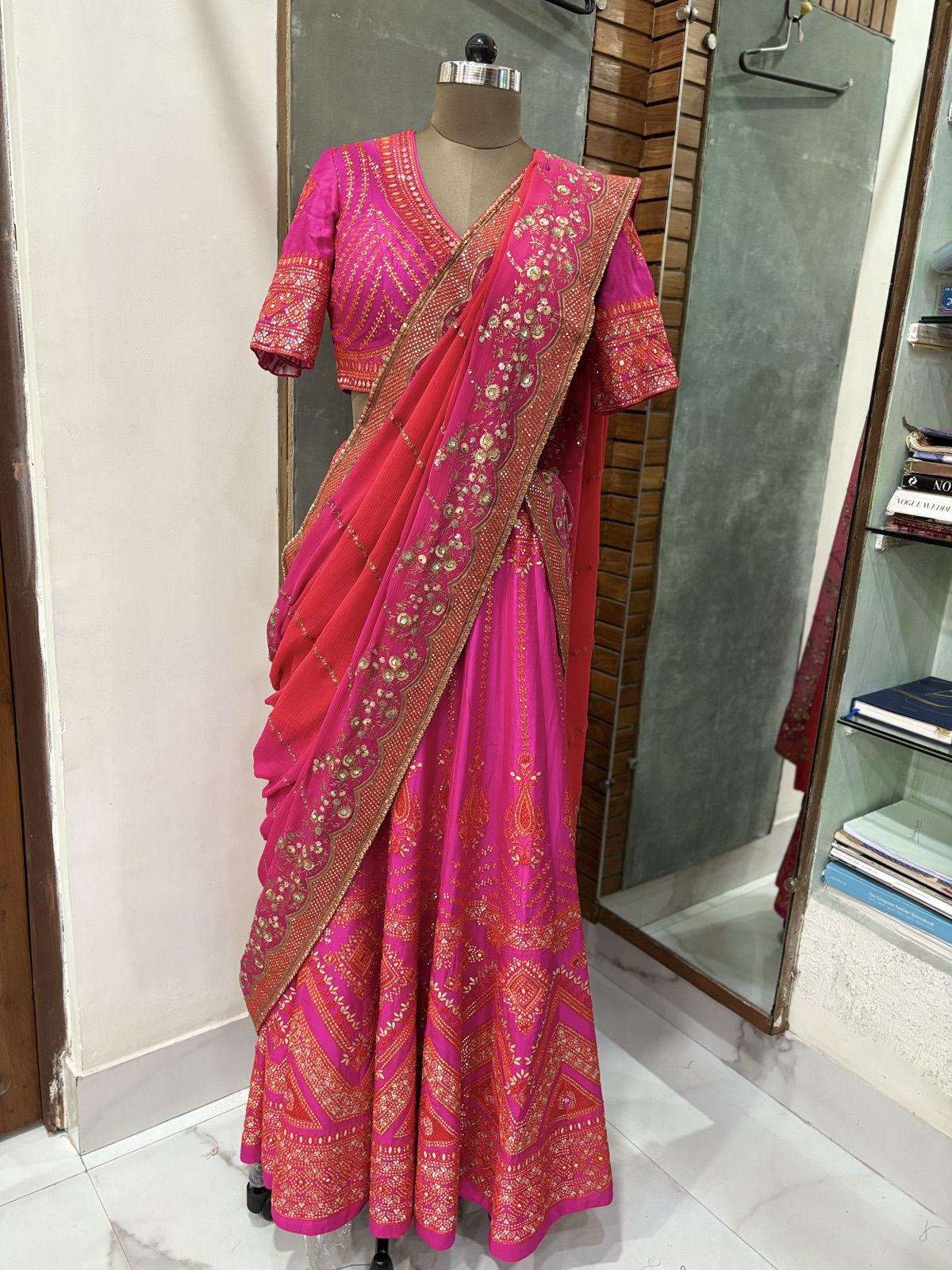 Hot Pink Mirror-Work Lehenga with Drape Dupatta - view 7