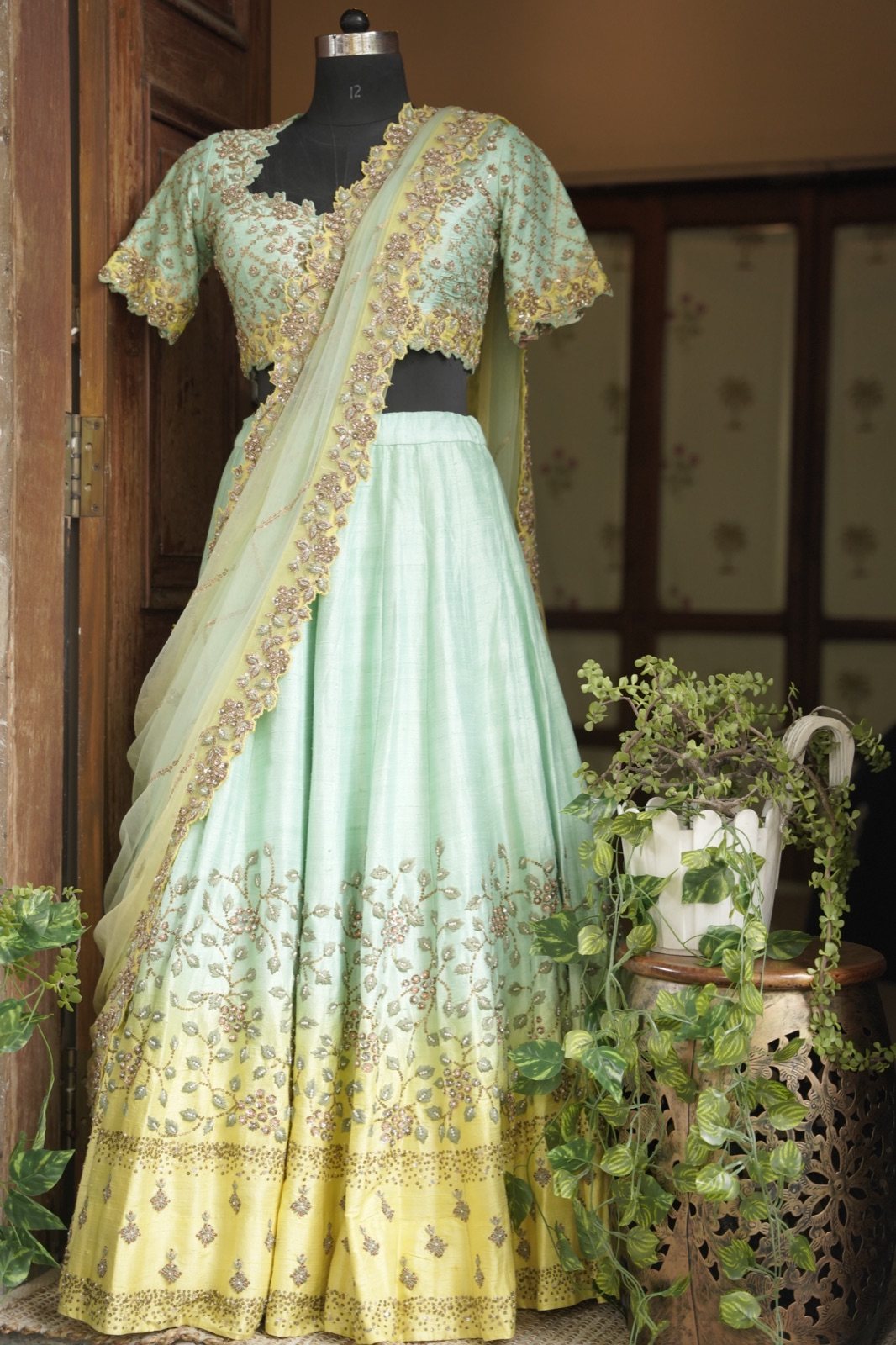 Mint & Lemon Ombré Lehenga with Floral Embroidery