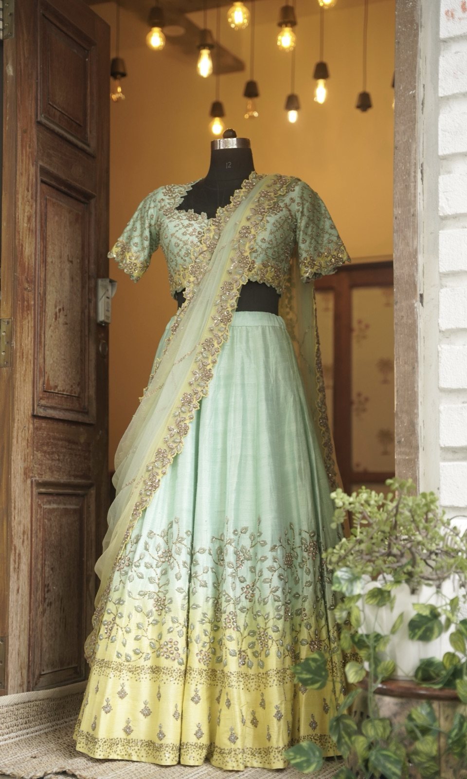 Mint & Lemon Ombré Lehenga with Floral Embroidery - view 5