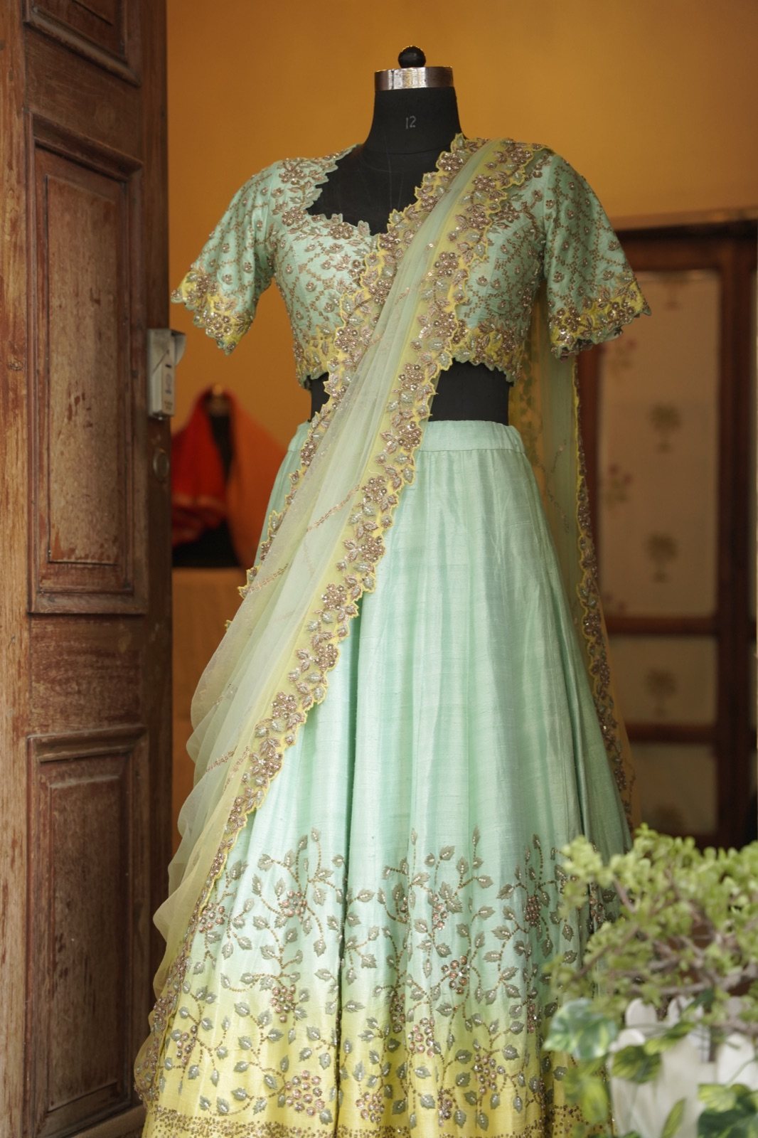 Mint & Lemon Ombré Lehenga with Floral Embroidery - view 6