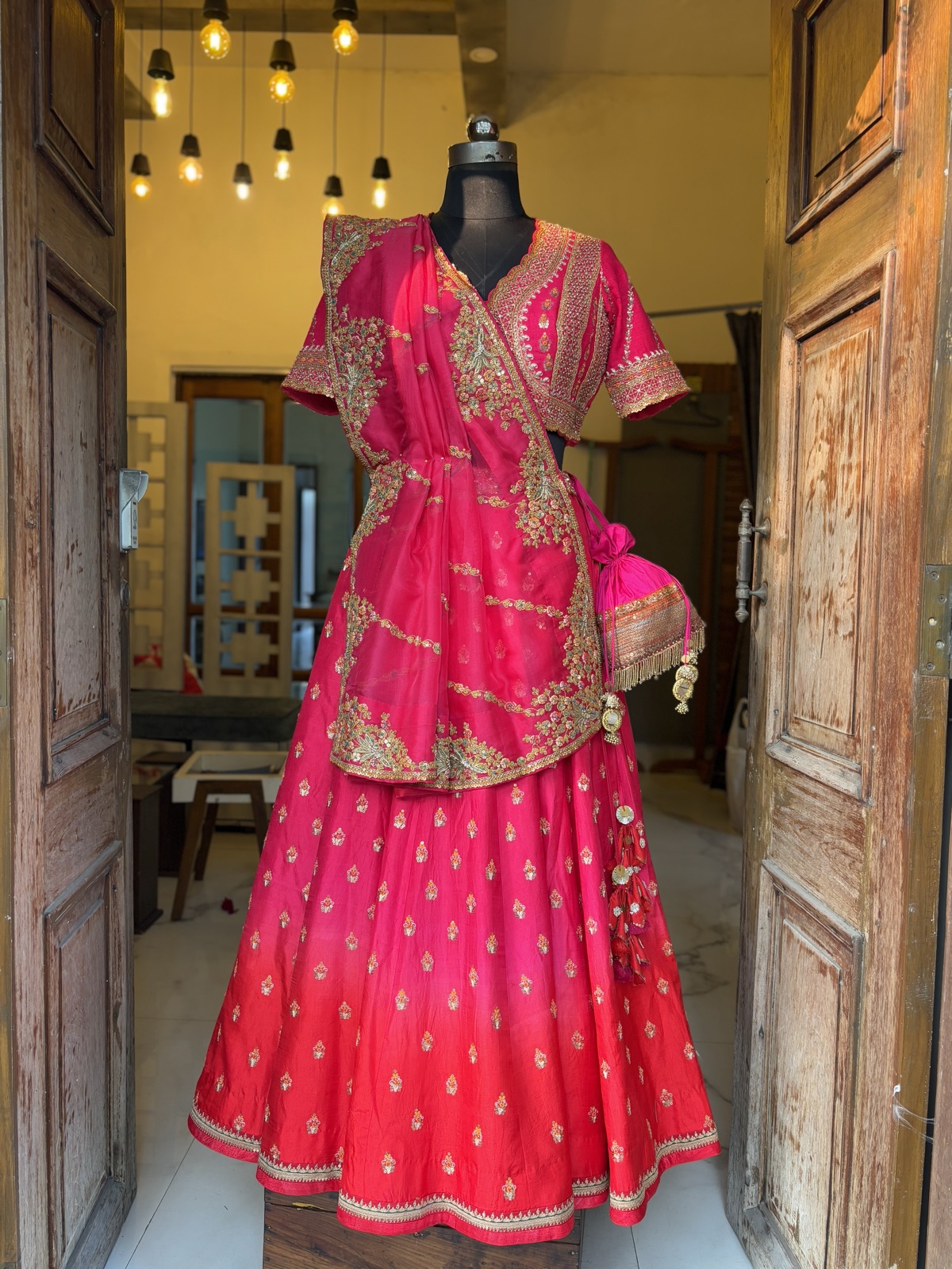 Ombré Pink Lehenga with Embroidered Drape - view 6