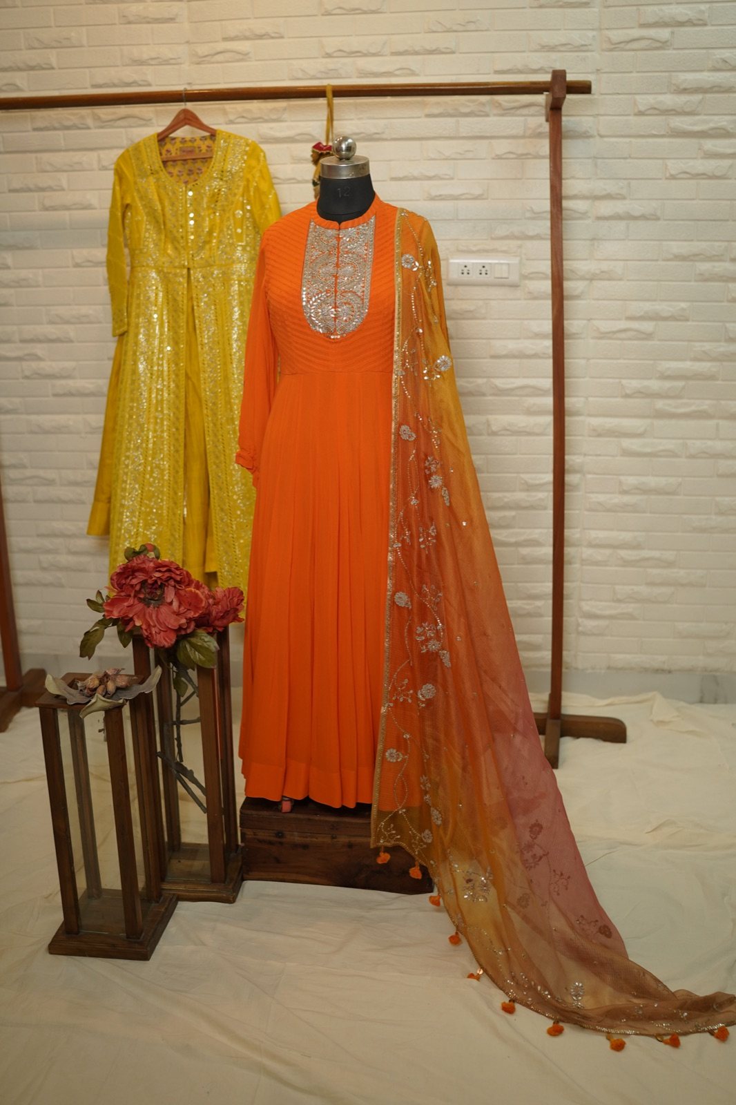 Orange Anarkali with Silver Zardozi Yoke