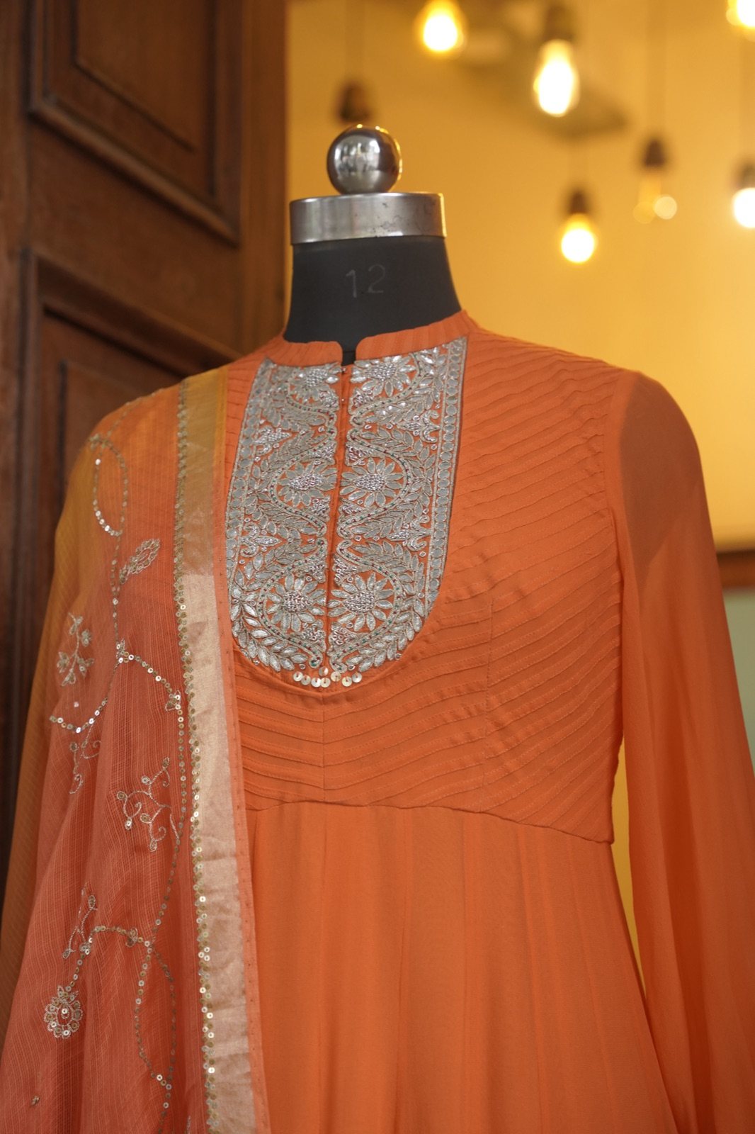 Orange Anarkali with Silver Zardozi Yoke - view 7