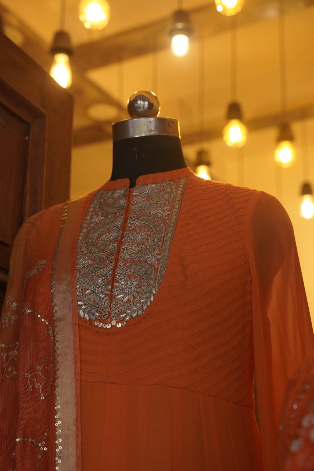 Orange Anarkali with Silver Zardozi Yoke - view 8