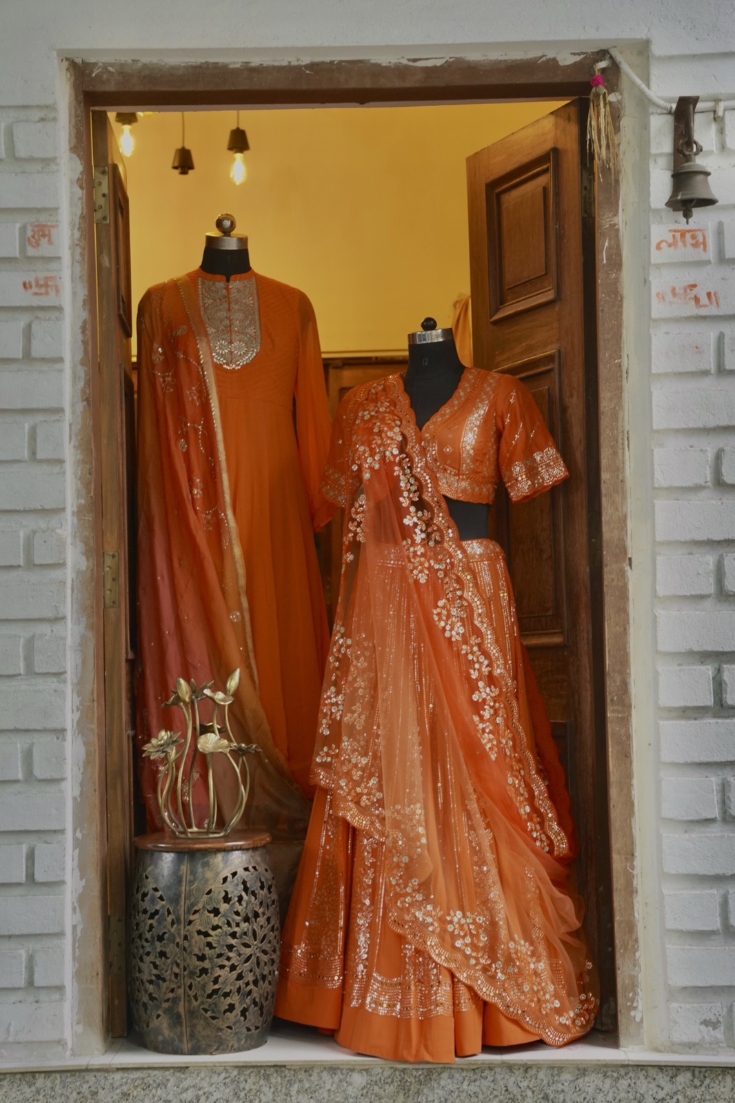 Burnt Orange Mirror-Work Lehenga Set - view 3