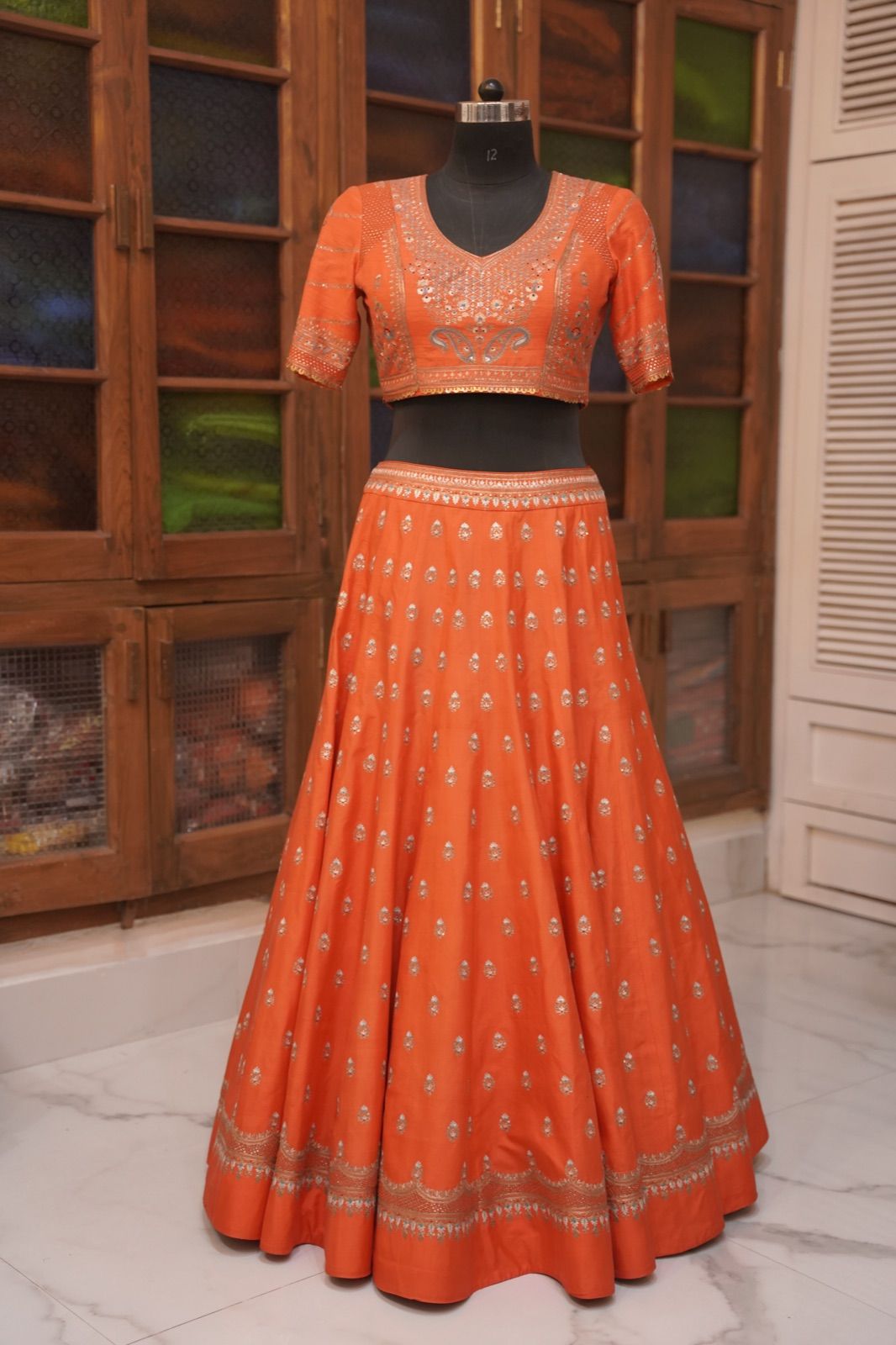 Burnt Orange Mirror-Work Lehenga Set - view 5