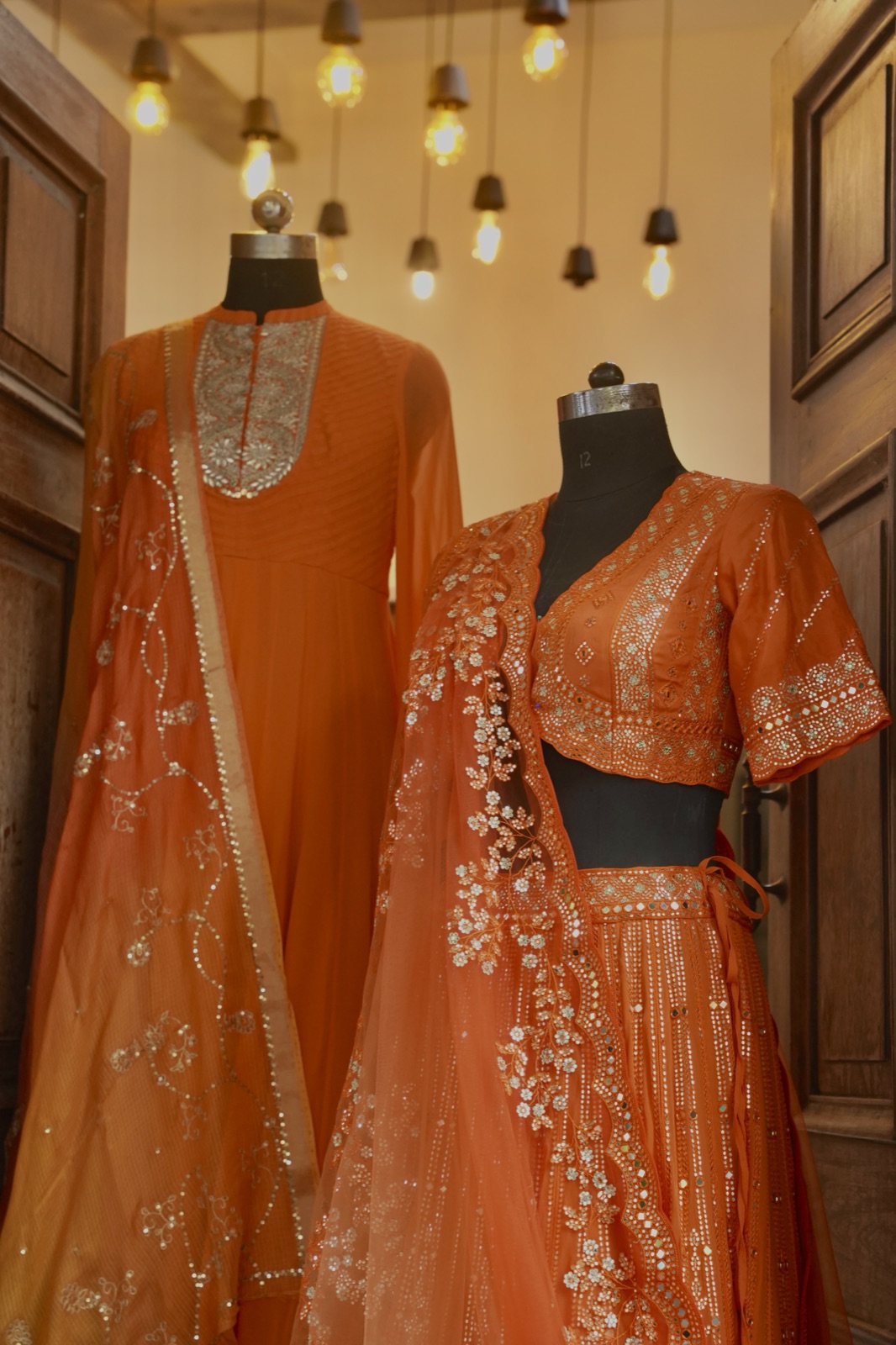 Burnt Orange Mirror-Work Lehenga Set - view 6