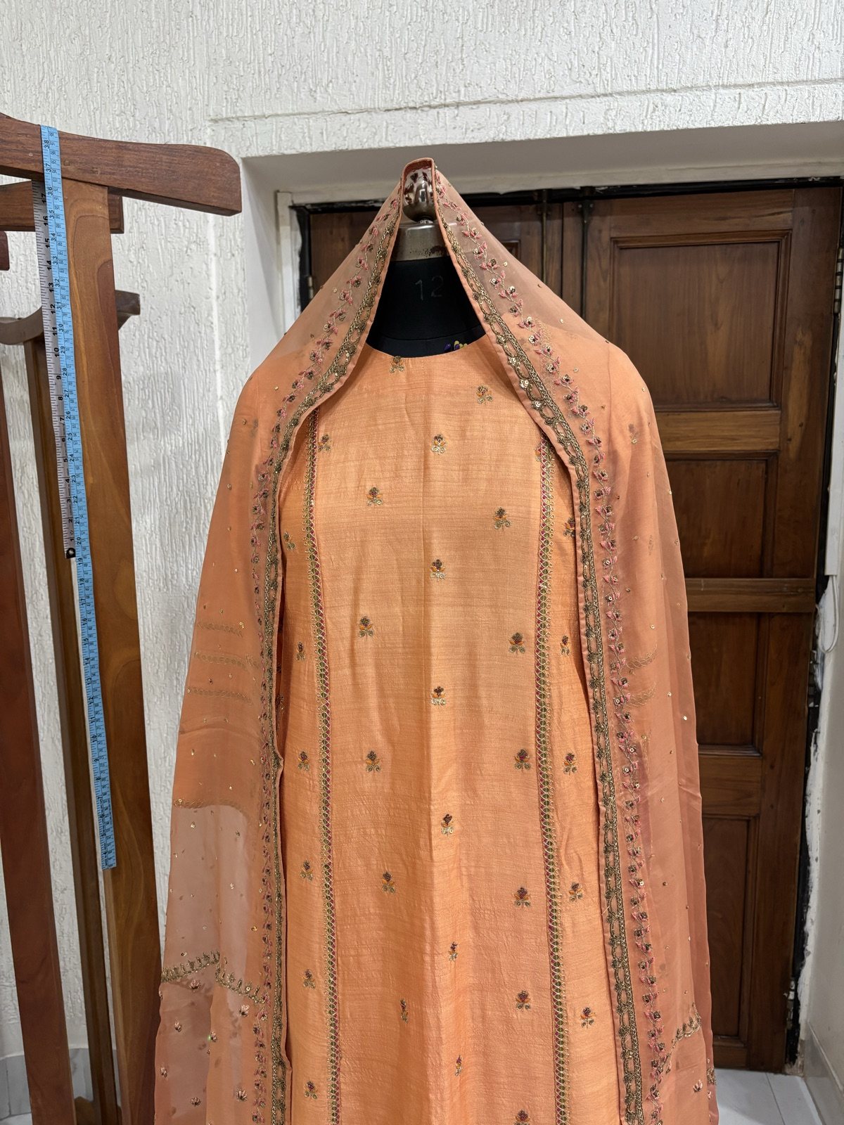 Peach Kurta Set with Embroidered Organza Dupatta
