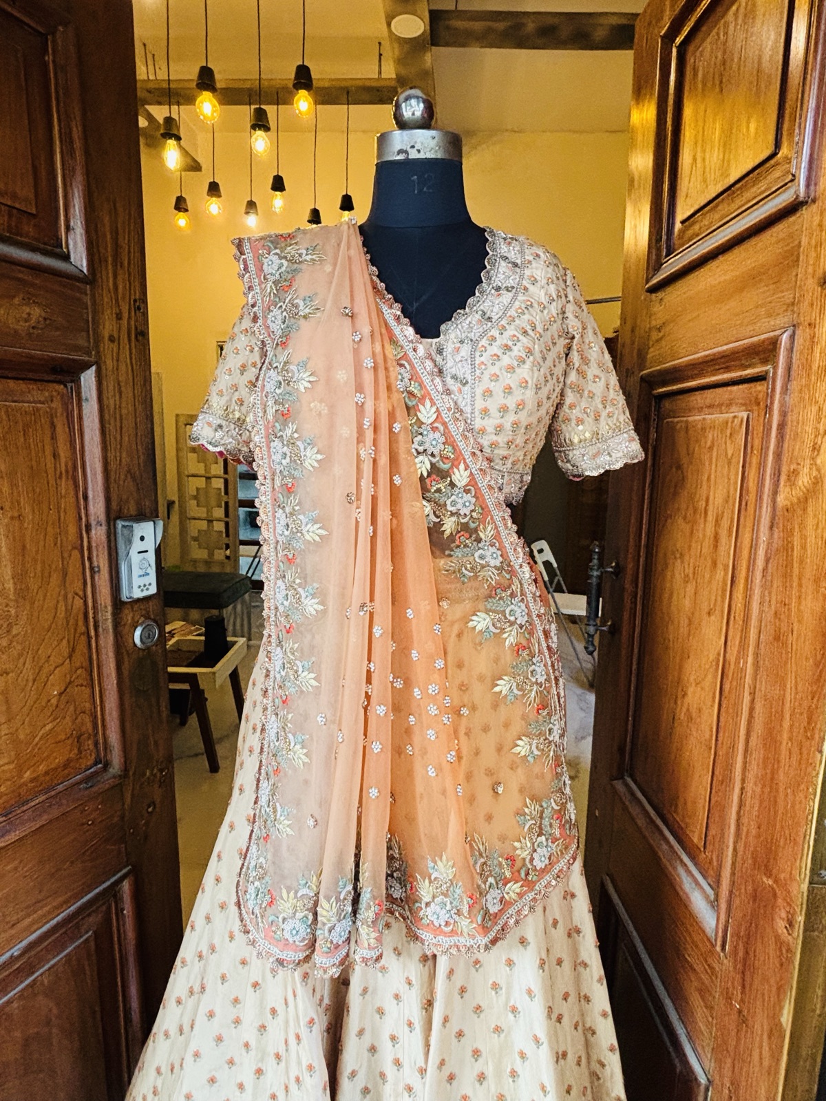 Ivory Buti Lehenga with Peach Embroidered Dupatta - view 4