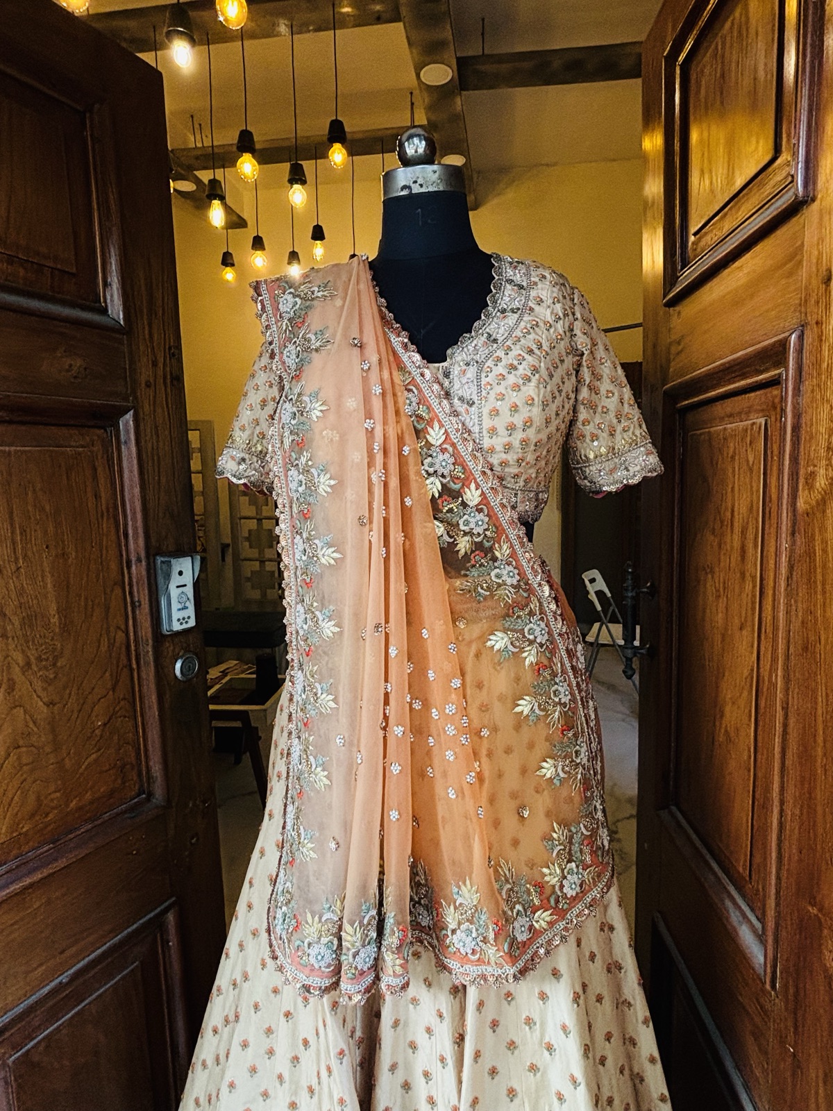 Ivory Buti Lehenga with Peach Embroidered Dupatta - view 5