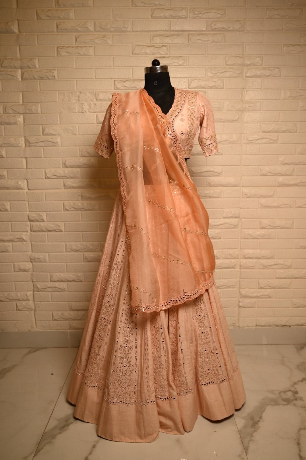 Peach Mirror-Work Lehenga with Organza Dupatta