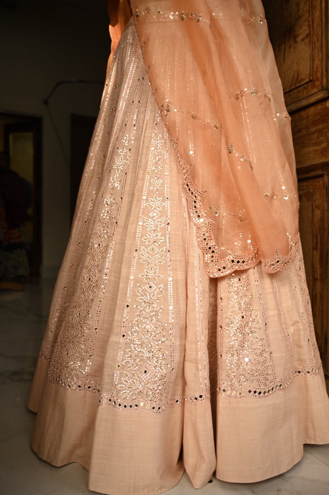 Peach Mirror-Work Lehenga with Organza Dupatta - view 5
