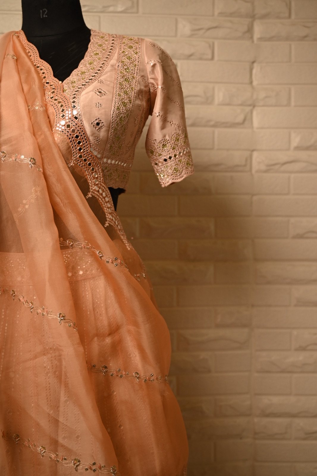 Peach Mirror-Work Lehenga with Organza Dupatta - view 7
