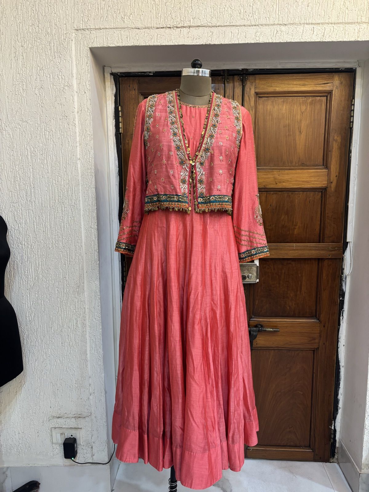 Coral Pink Anarkali with Embroidered Yoke