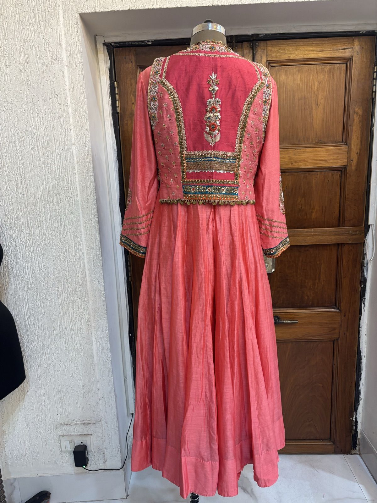 Coral Pink Anarkali with Embroidered Yoke - view 3