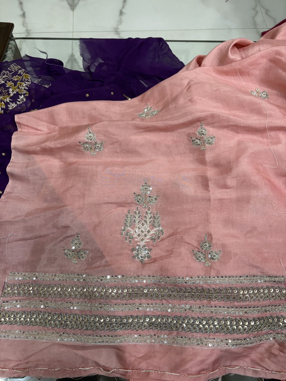 Blush Peach Zari Suit Fabric Set - view 3