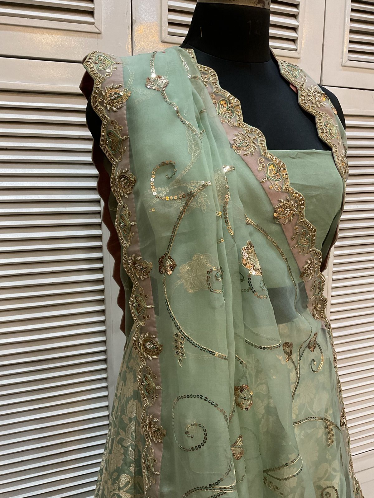Pistachio Tissue Ghagra with Organza Dupatta