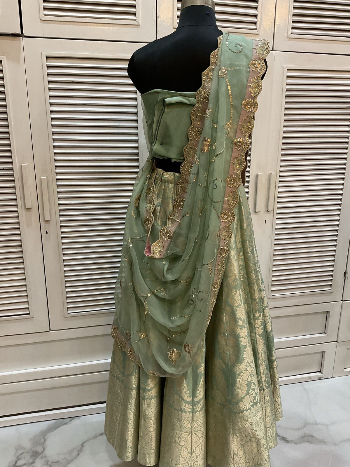 Pistachio Tissue Ghagra with Organza Dupatta - view 3