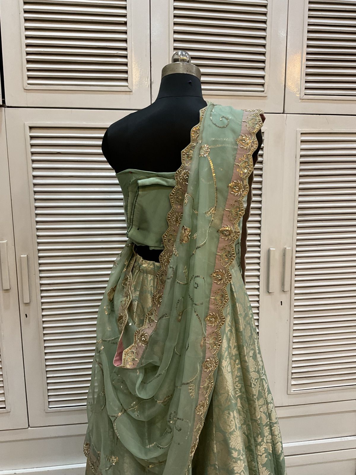 Pistachio Tissue Ghagra with Organza Dupatta - view 4
