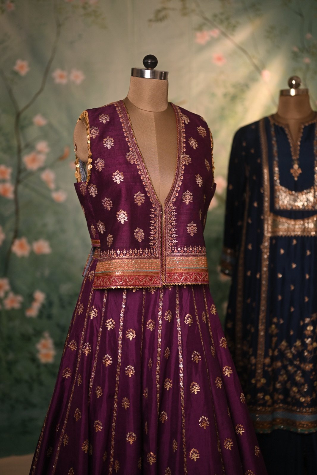 Plum Brocade Lehenga with Sleeveless Jacket