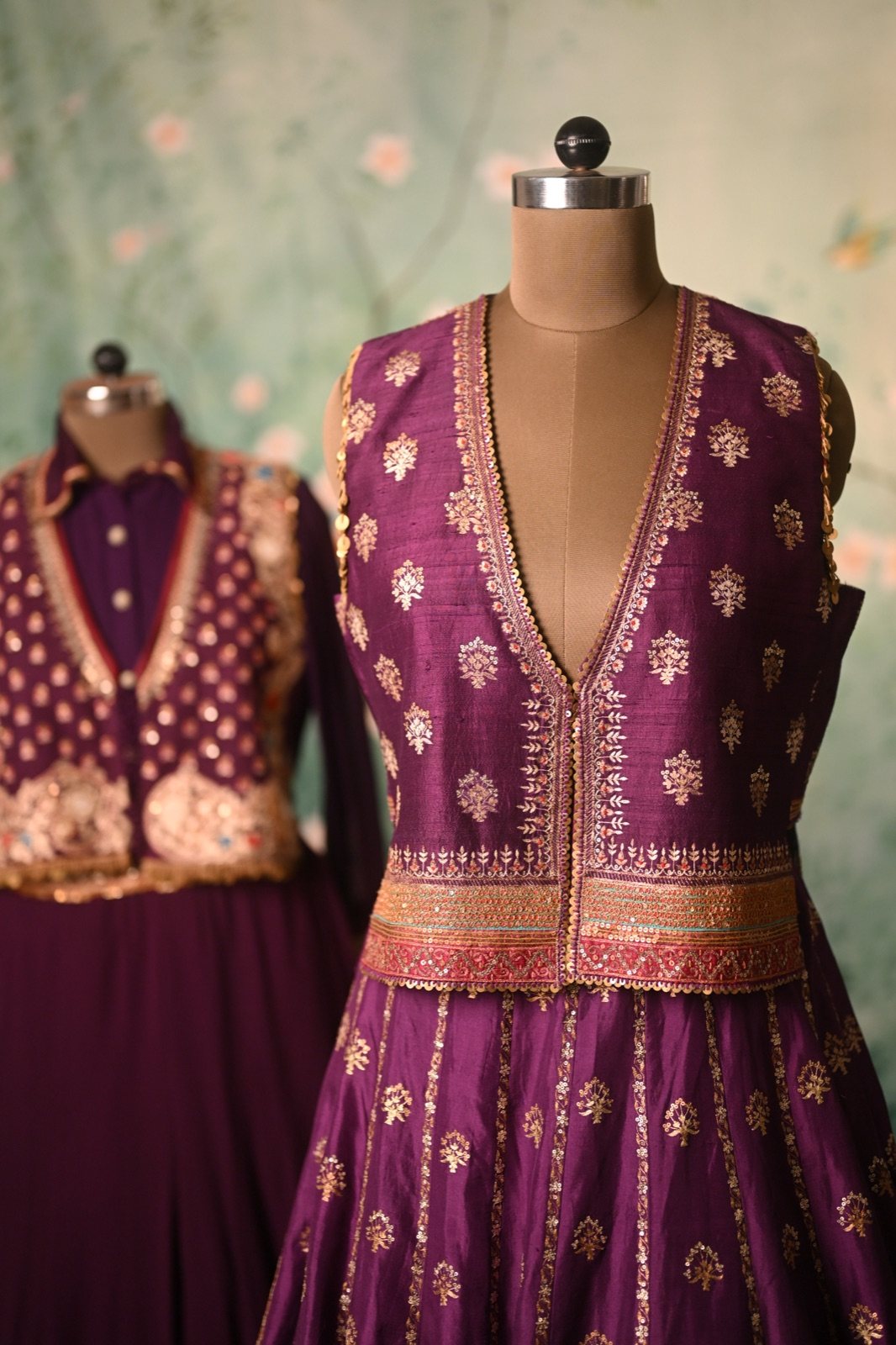 Plum Brocade Lehenga with Sleeveless Jacket - view 5