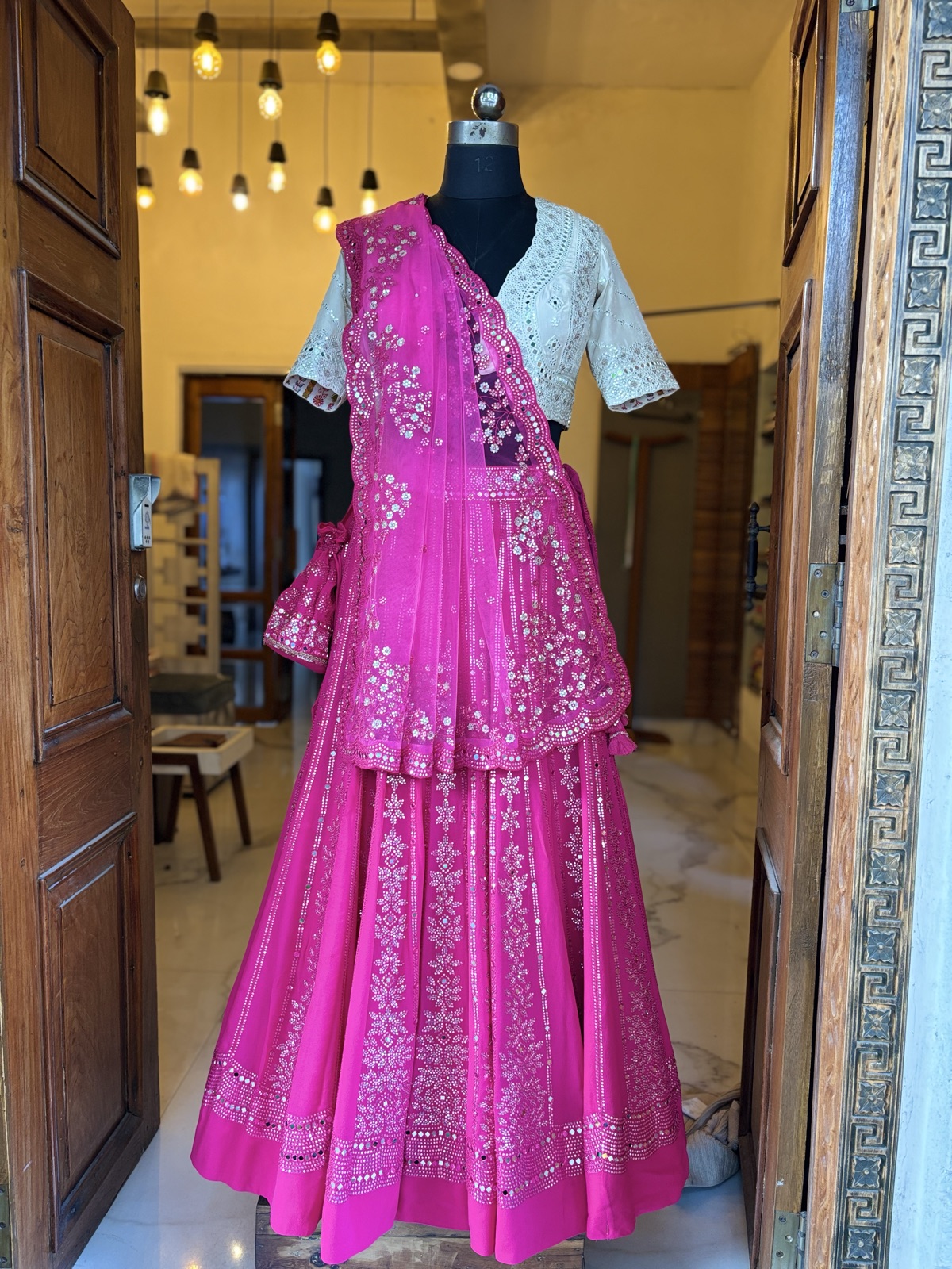 Magenta Peplum Lehenga with Ivory Chikan Blouse