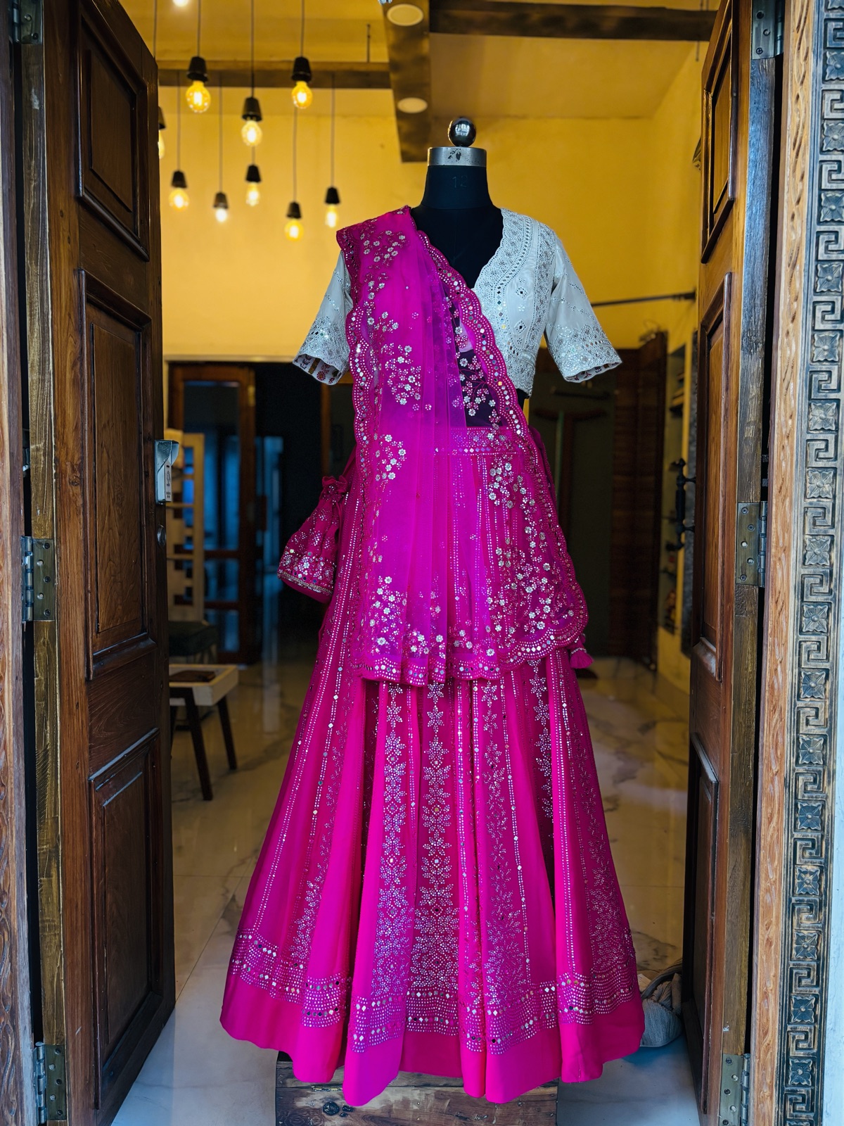 Magenta Peplum Lehenga with Ivory Chikan Blouse - view 3