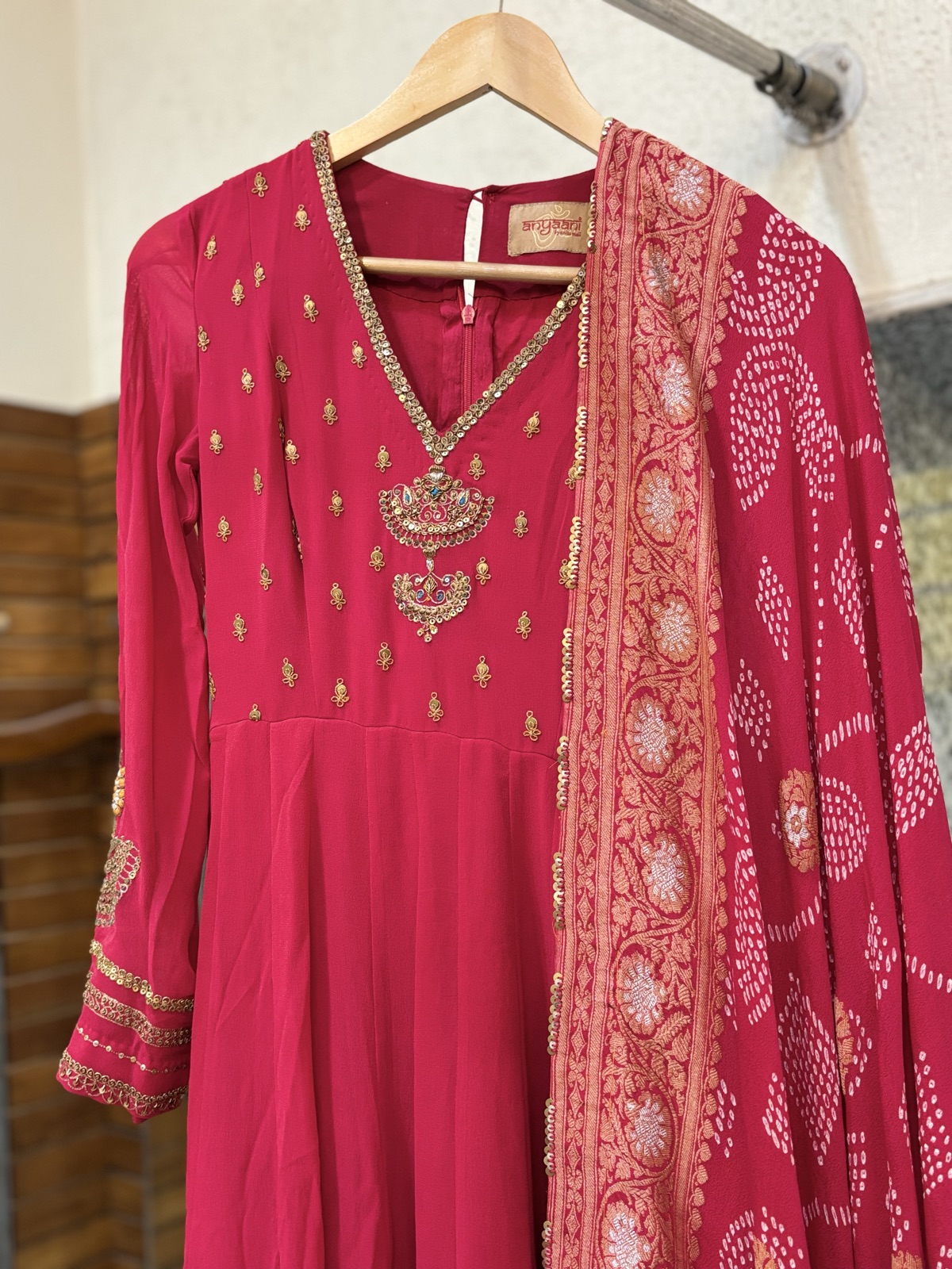 Crimson Bandhani Anarkali Set - view 3