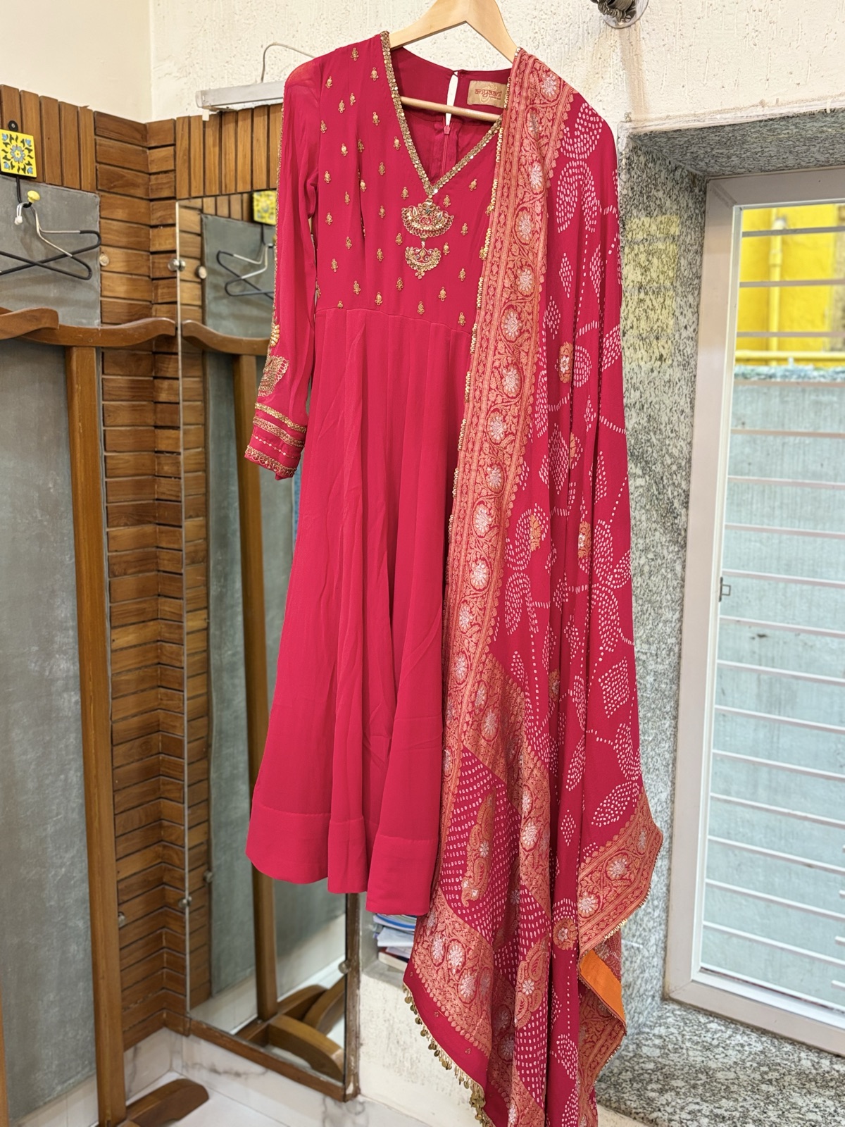 Crimson Bandhani Anarkali Set - view 4