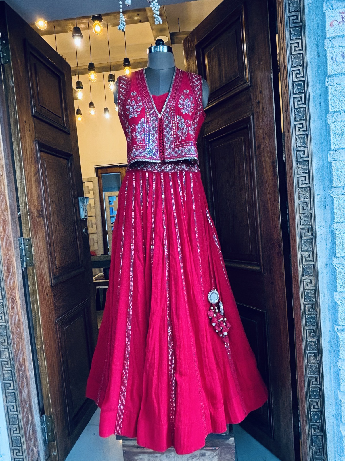 Scarlet Ghagra with Mirror-Work Jacket - view 3