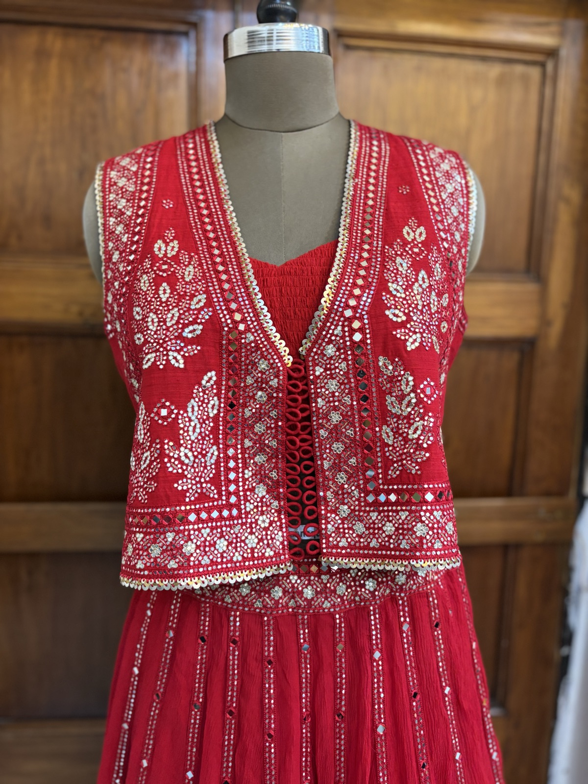 Scarlet Ghagra with Mirror-Work Jacket - view 7
