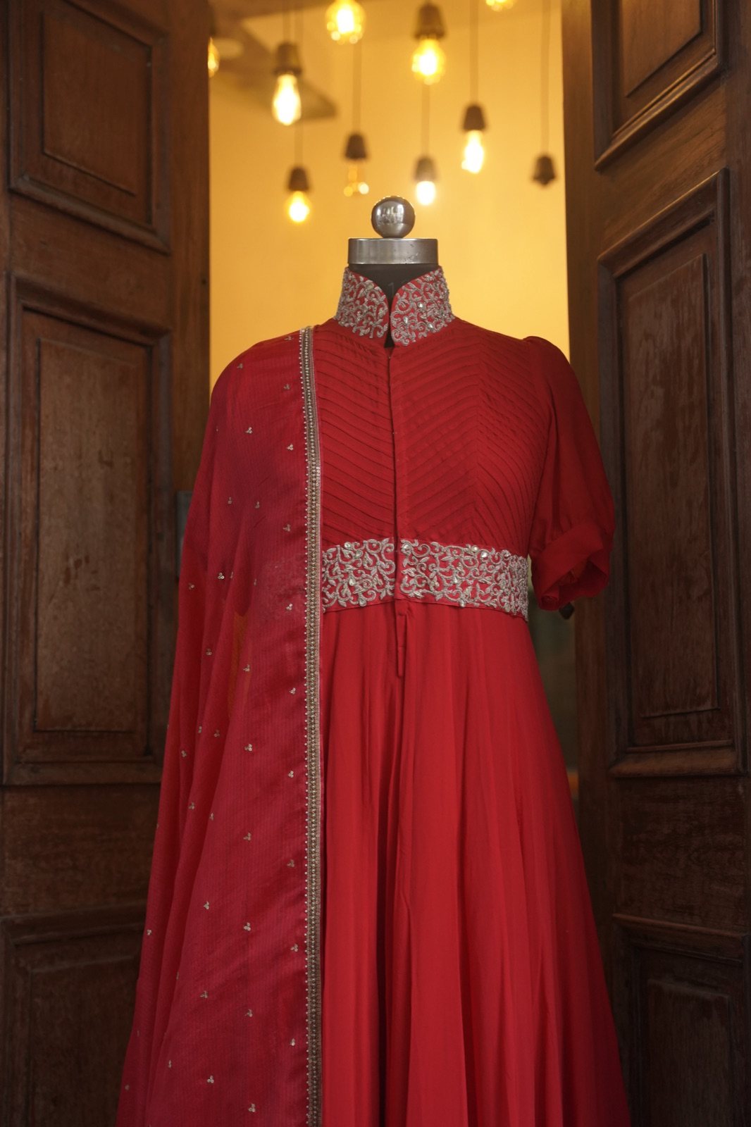 Red High-Collar Anarkali Gown with Embellished Belt