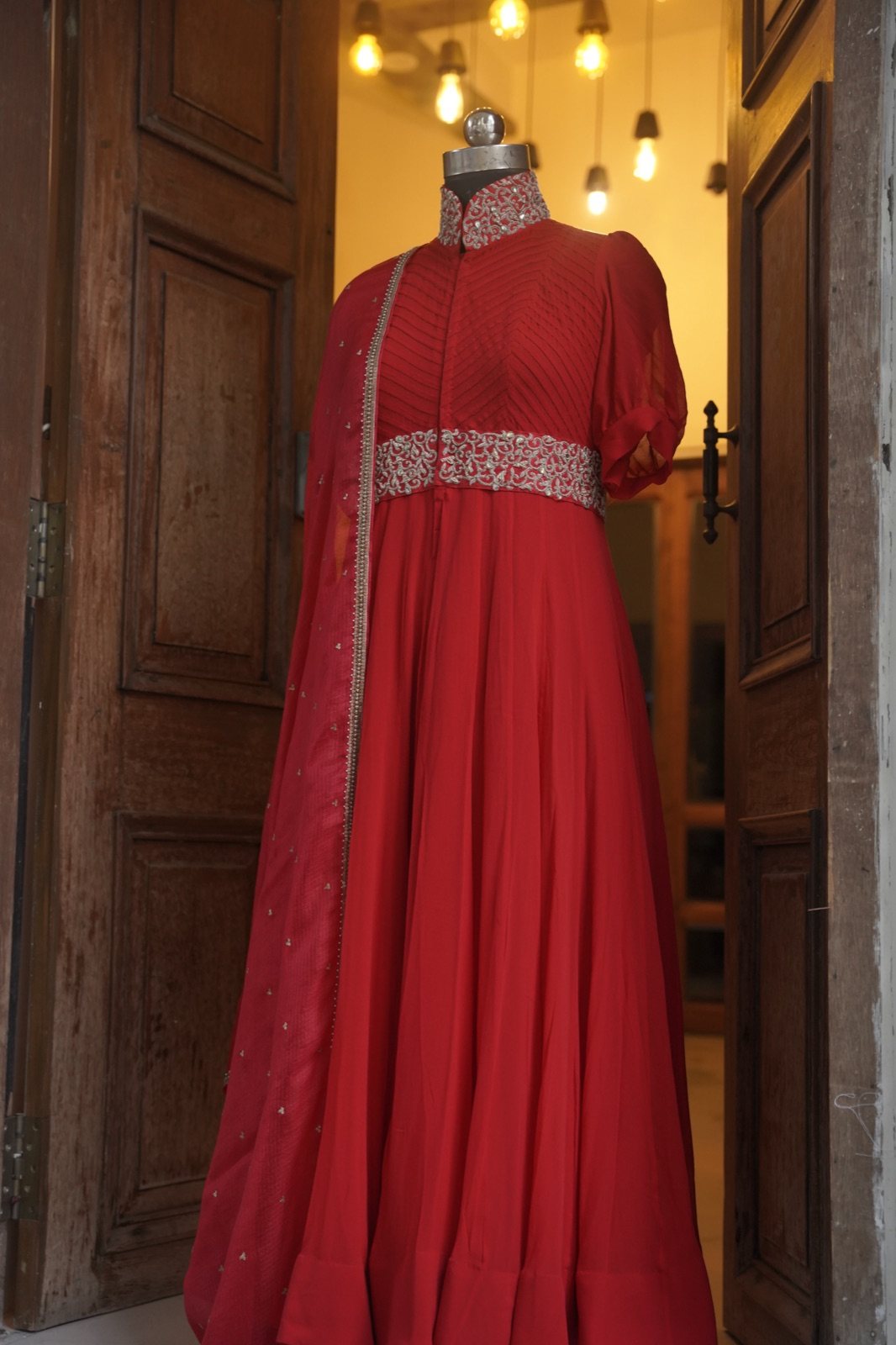 Red High-Collar Anarkali Gown with Embellished Belt - view 6