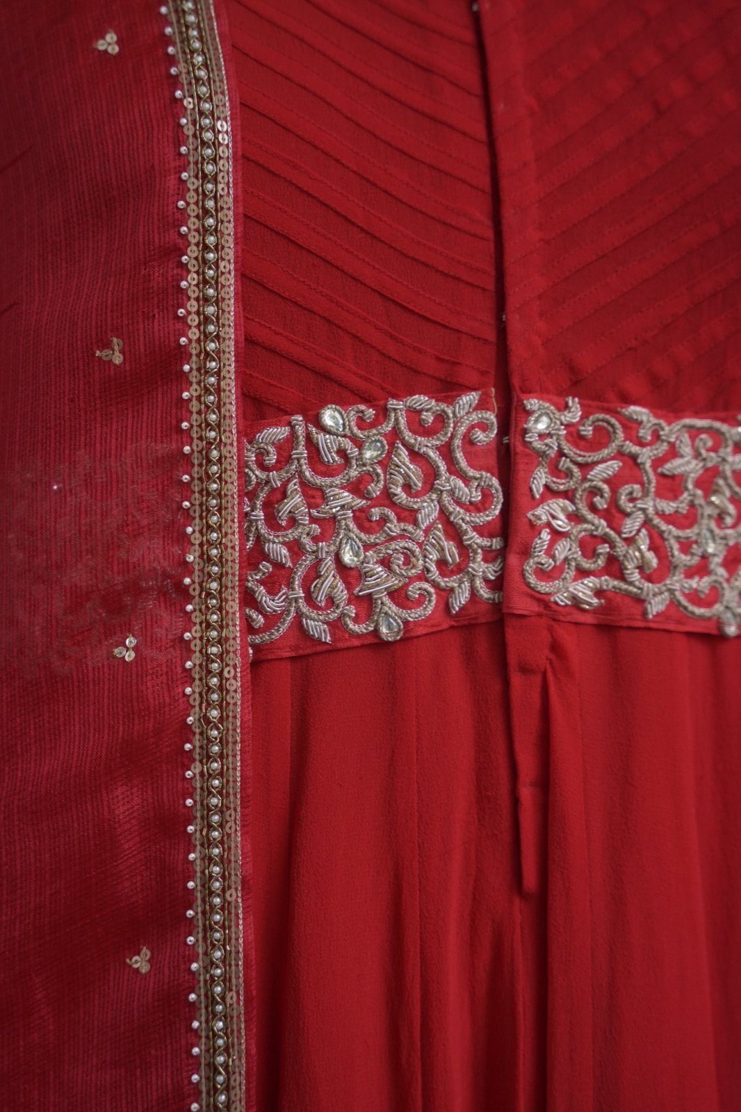 Red High-Collar Anarkali Gown with Embellished Belt - view 8