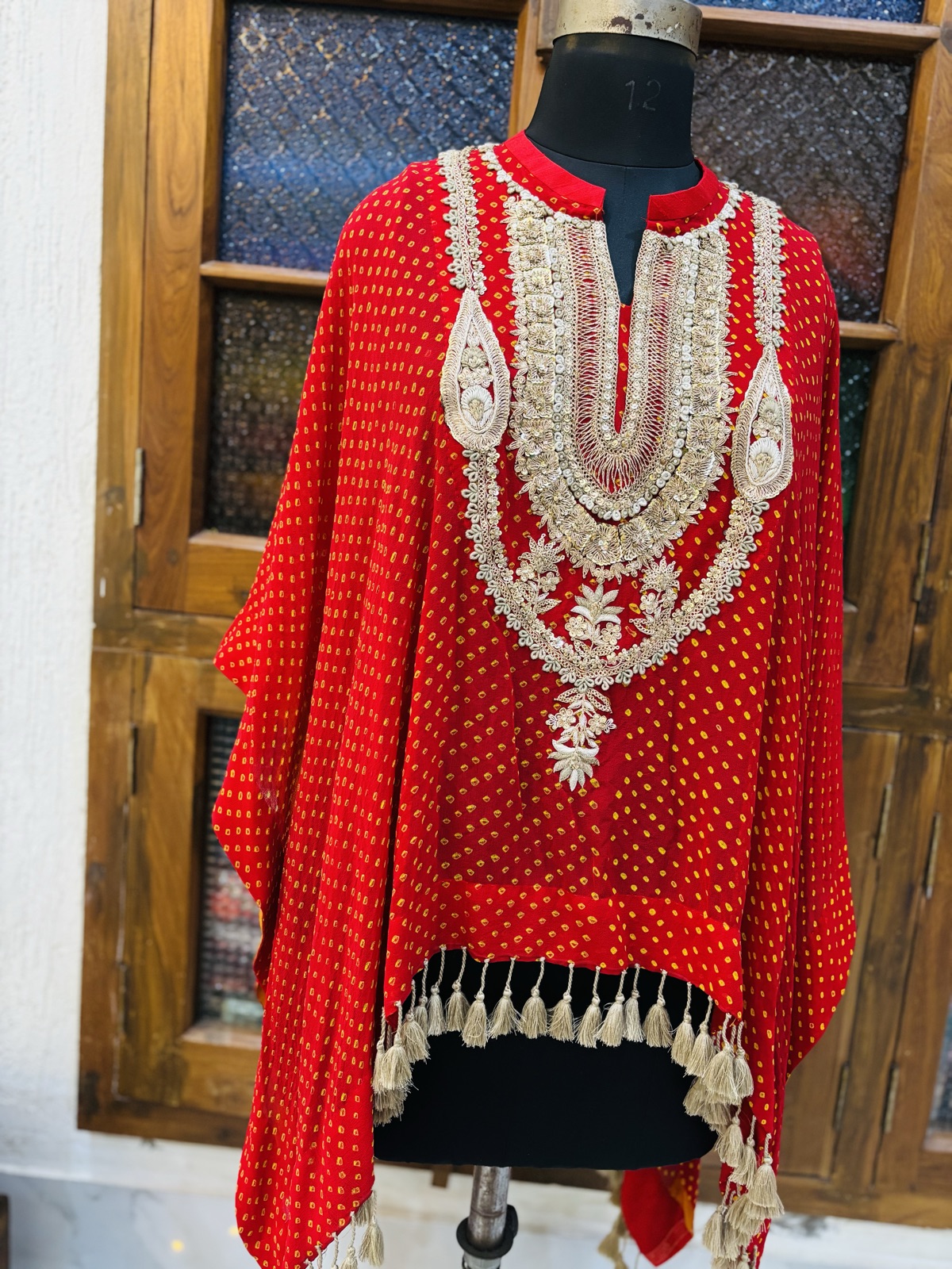 Vermilion Bandhani Kaftan with Zardozi Neckline