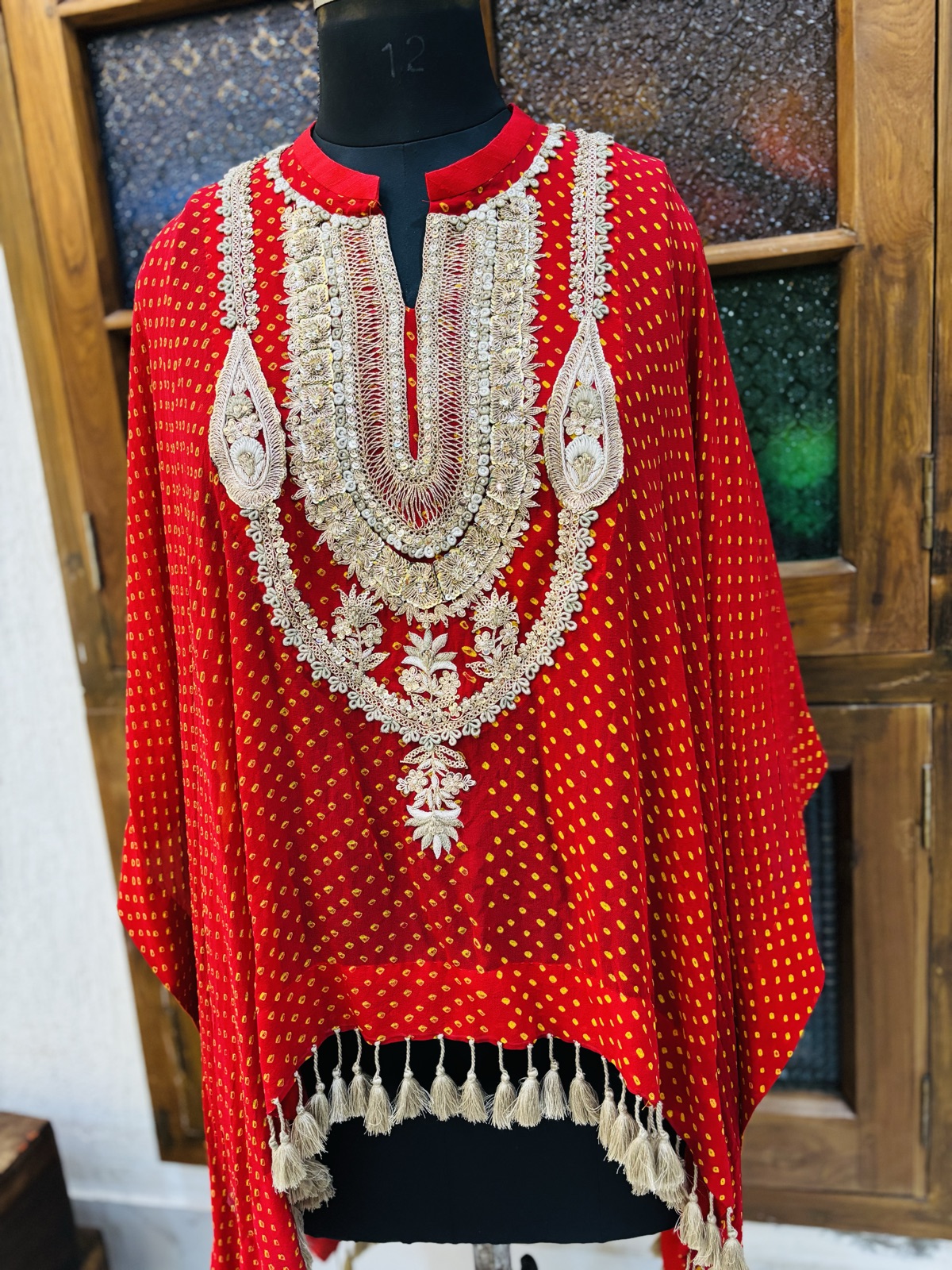 Vermilion Bandhani Kaftan with Zardozi Neckline - view 3